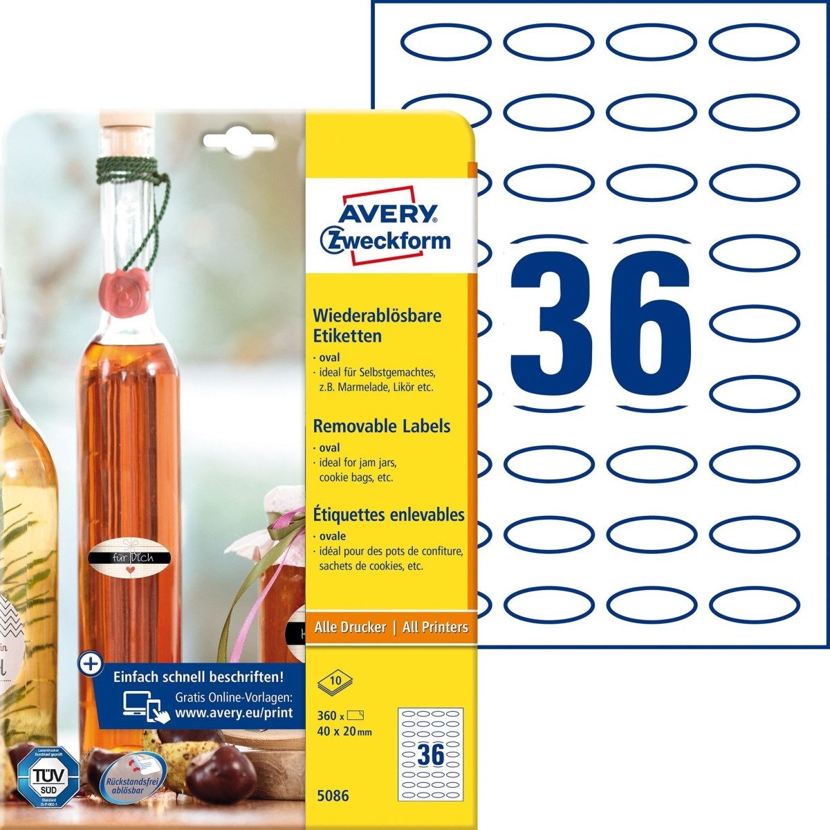 Avery Zweckform Etiketten Flaschenetiketten wiederablösbar oval 40x20 mm weiß VE=360 Stück