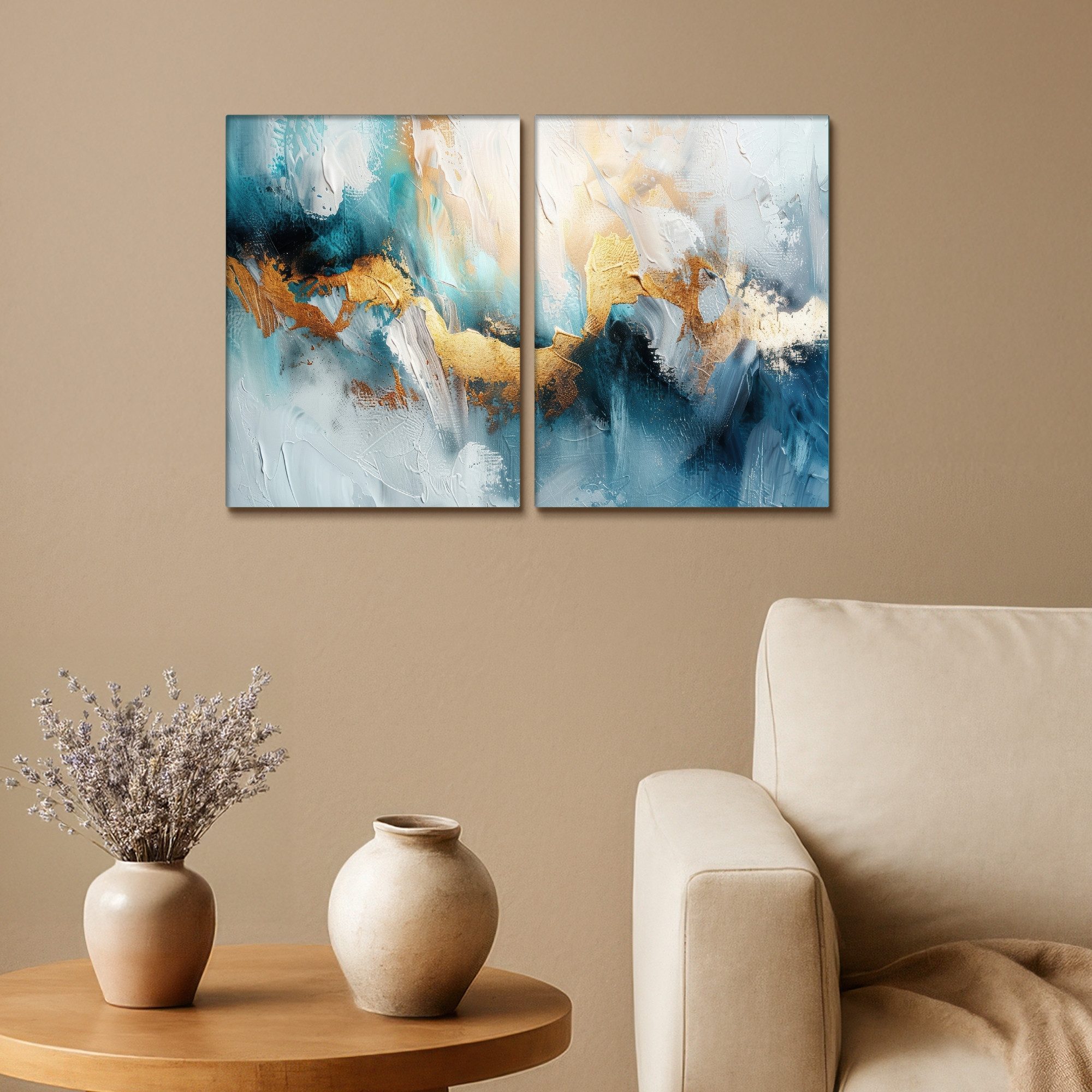 MuchoWow Leinwandbild Blau - Abstrakt - Weiß - Gold - Farbe, Fotodruck (2 St), Wand Bilder 2 Set, Deko Schlafzimmer Wohnzimmer Flur 60x40 cm – Bild 2 von 5