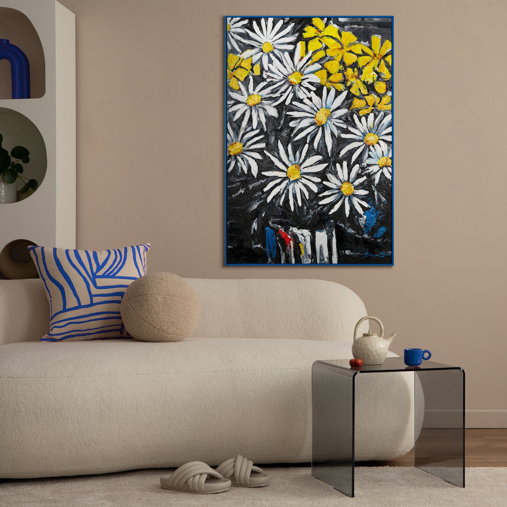 Margeriten, in Gemälde Blumen Rahmen Schneeweiße Blau YS-Art Mit