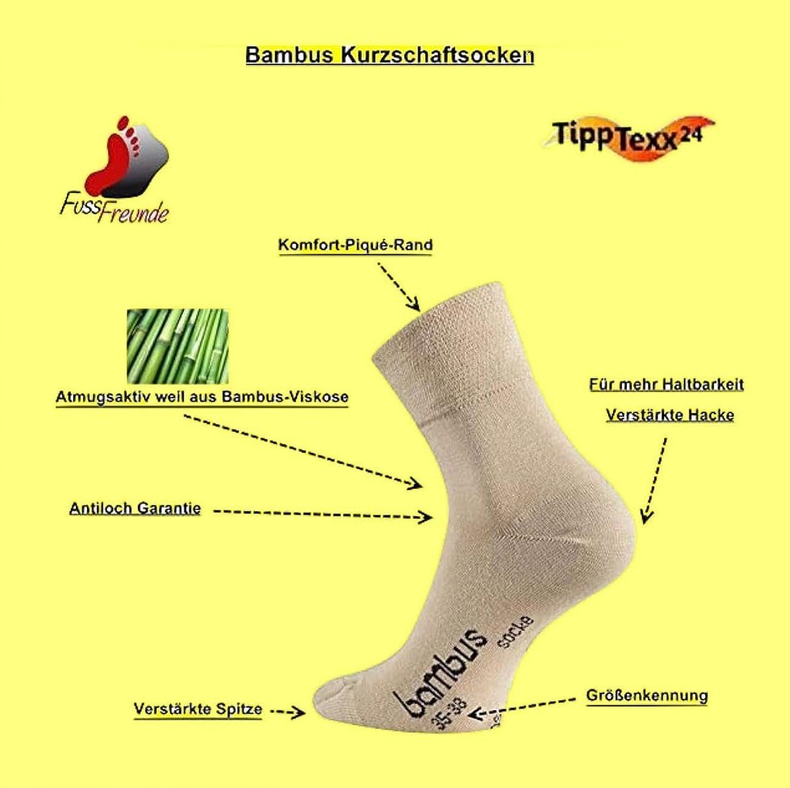 kurze und Paar FussFreunde Bambus-Socken, Kurzsocken Socken 6 ANTI-LOCH-GARANTIE Weiß Quarter