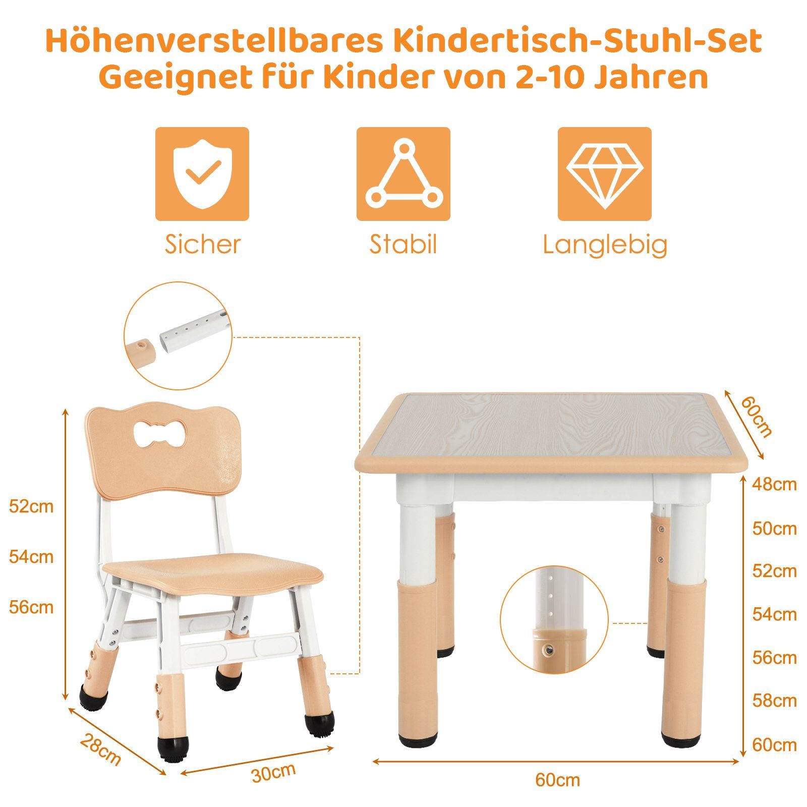 Kindersitzgruppe, Stühlen, Kindersitzgruppe (5-tlg), Höhenverstellbar Femor Kindertisch Gelb mit
