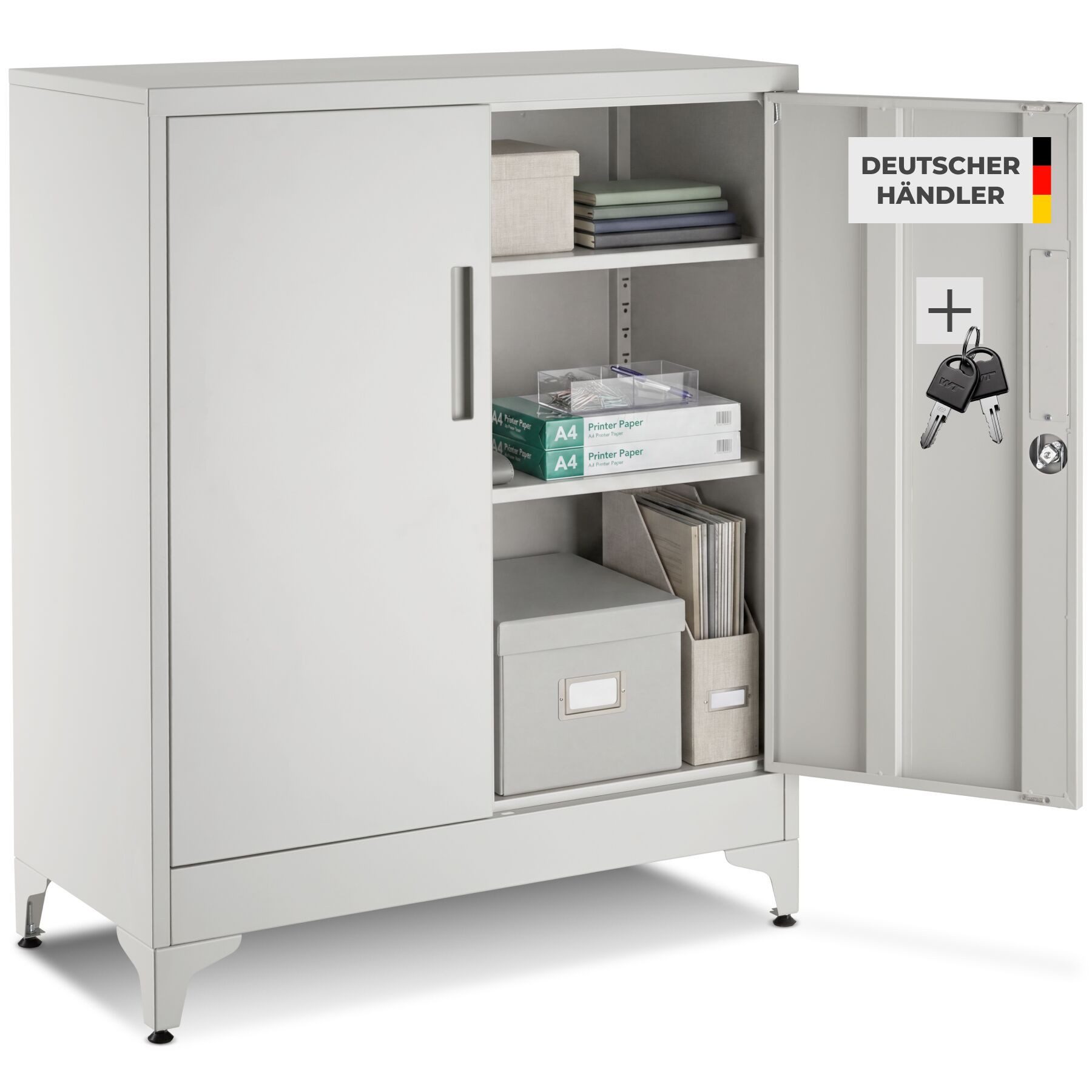 tectake Aktenschrank Dokumentenschrank aus Stahl, Kippschutz, abschließbar, 80 x 40 x (Büroschrank Blake, 1-St., in grau) 2 verstellbare Zwischenböden, mit Magnetverschluss, höhenverstellbar