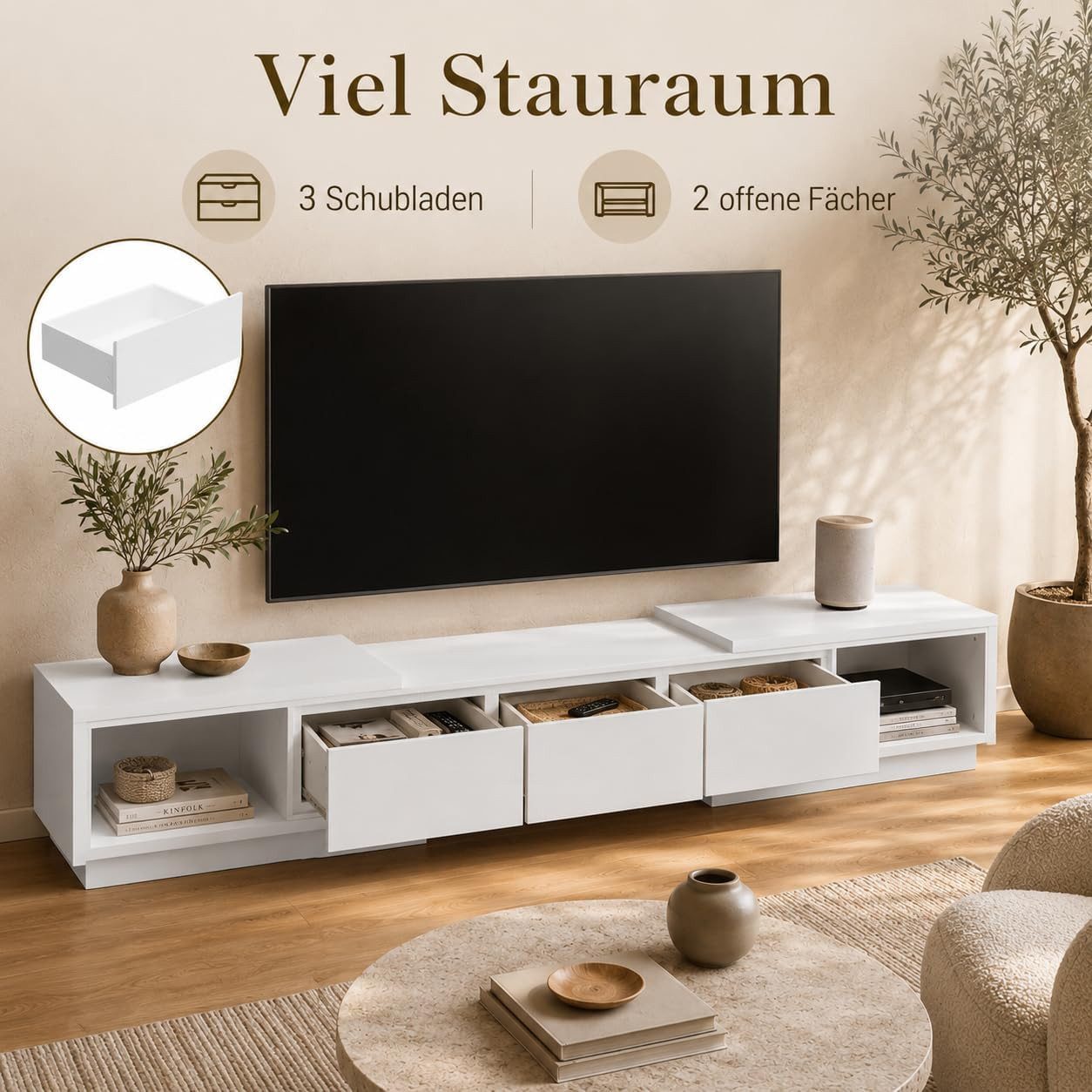 FUFU&GAGA TV-Schrank mit 3 Schubladen und 2 offenen Fächern, 270 x 40 x 39 cm – Bild 2 von 5