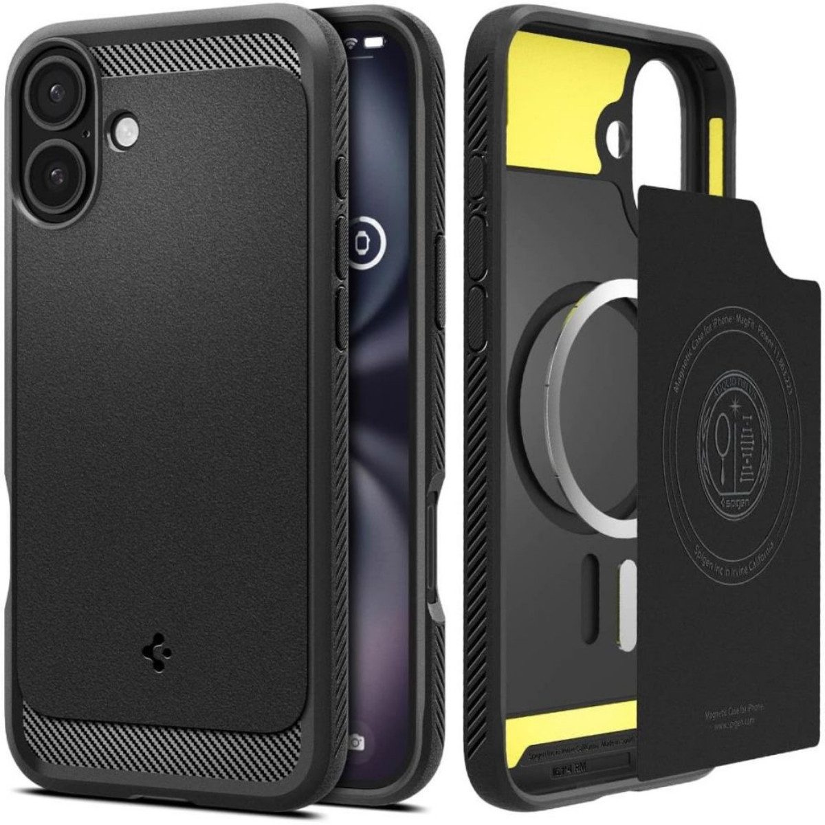 Spigen Handyhülle Rugged Armor Schwarz mit Magnetfunktion Kompatibel mit iPhone 16 6,1, Robuste, matte Oberfläche mit integrierter Magnetfunktion
