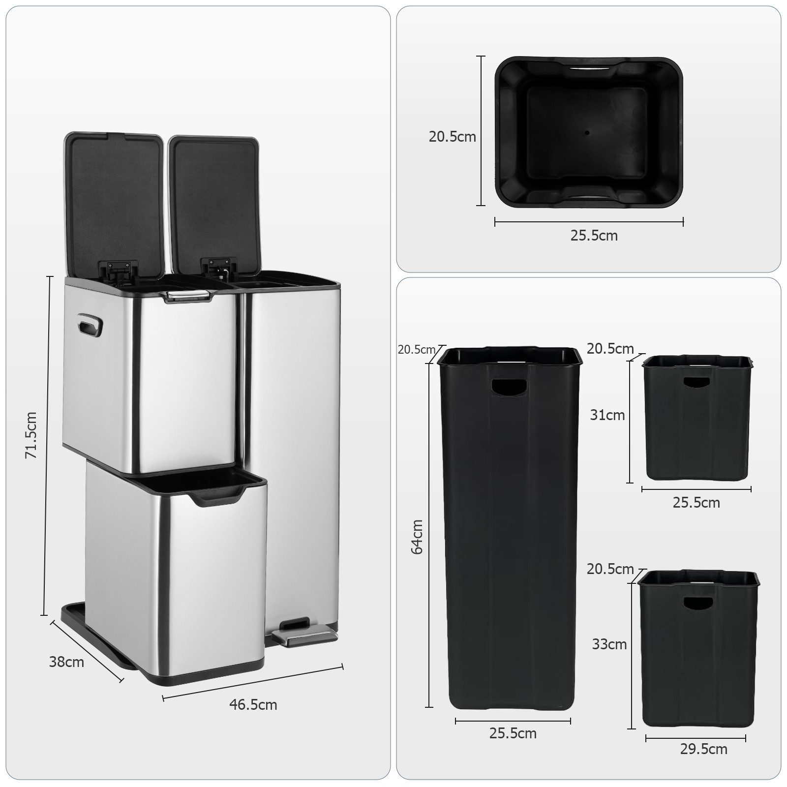 TLGREEN Mülltrennsystem 60L Edelstahl Abfallsammler mit 3 Fächern,Pedal- und Handbedienung, Soft-Close Deckel, Anti-Fingerabdruck, für Küche & Wohnzimmer