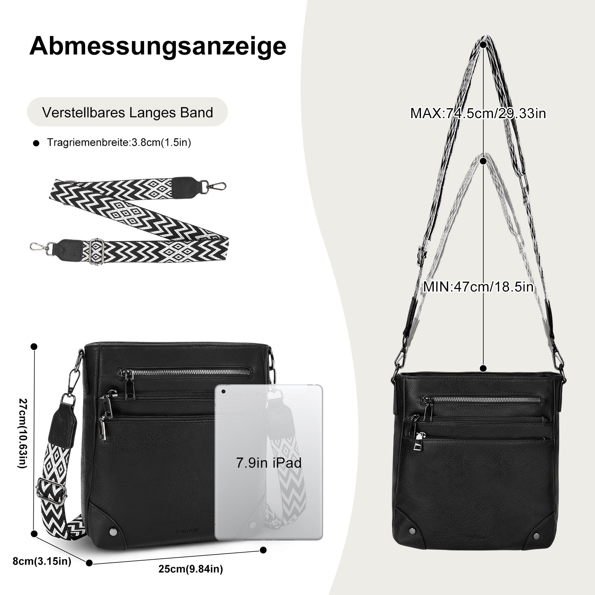 TAN.TOMI Umhängetasche Damen Mittelgroß Schultertasche Mehrere Taschen Crossbody Bag, Mit Verstellbarem Gurt für Schule Arbeit Reisen Ausflug Einkauf