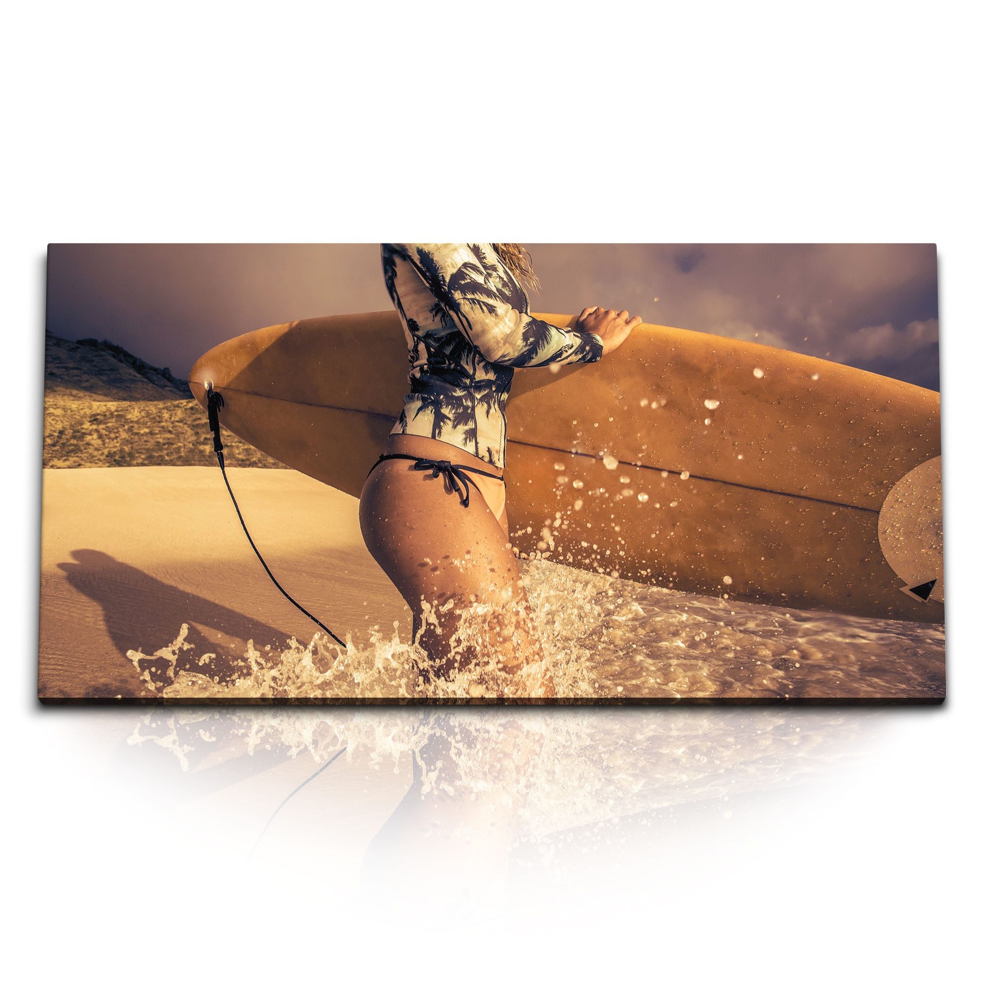 Leinwandbild Kunstdruck Bilder 120x60cm Surferin Surfbrett Strand Surfen Meer
