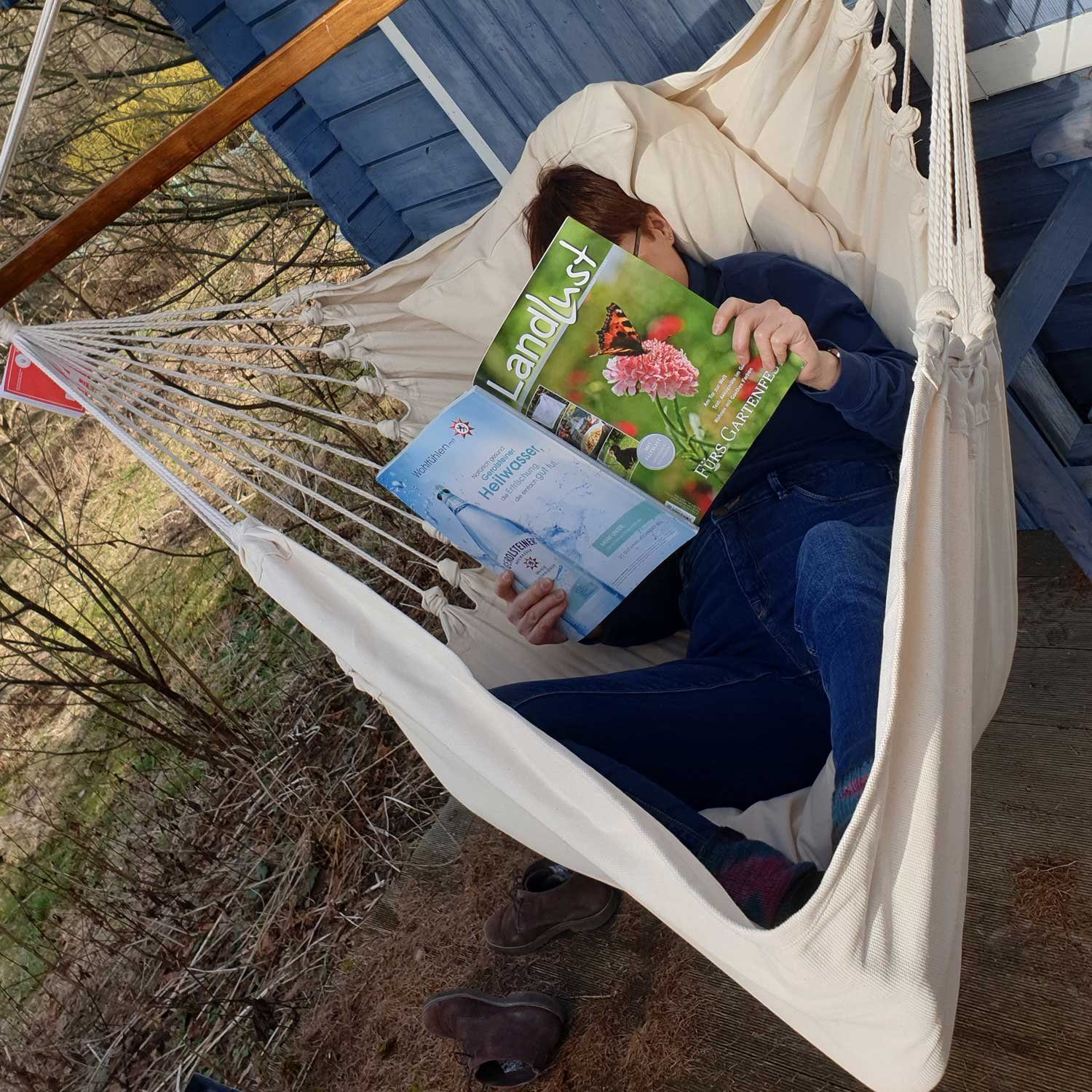HOPLO Hängestuhl Gepolsterter Hängesessel Hängestuhl Natur XXXL Baumwolle 2 Kissen, Hergestellt unter fairen Bedingungen!