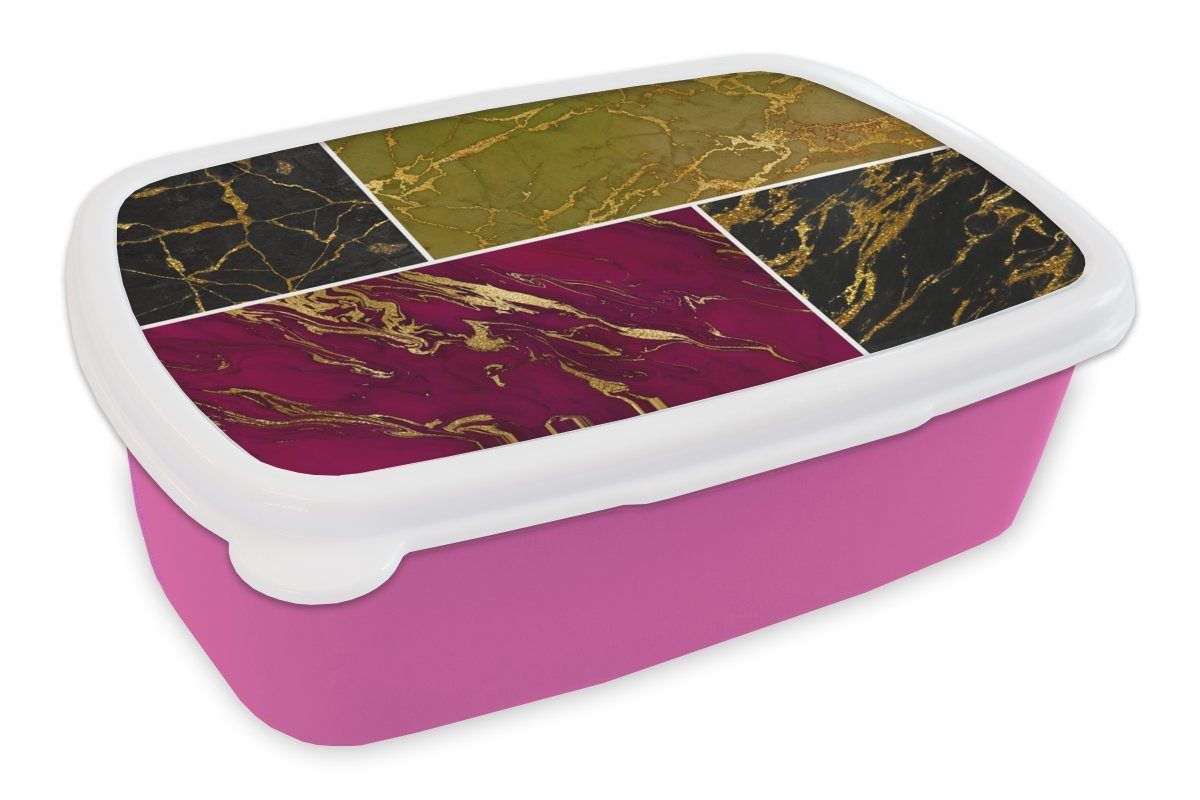Luxus, Kinder, Brotbox rosa MuchoWow Erwachsene, für (2-tlg), Kunststoff, Kunststoff Marmor - Lunchbox Brotdose - Mädchen, Snackbox, Gold