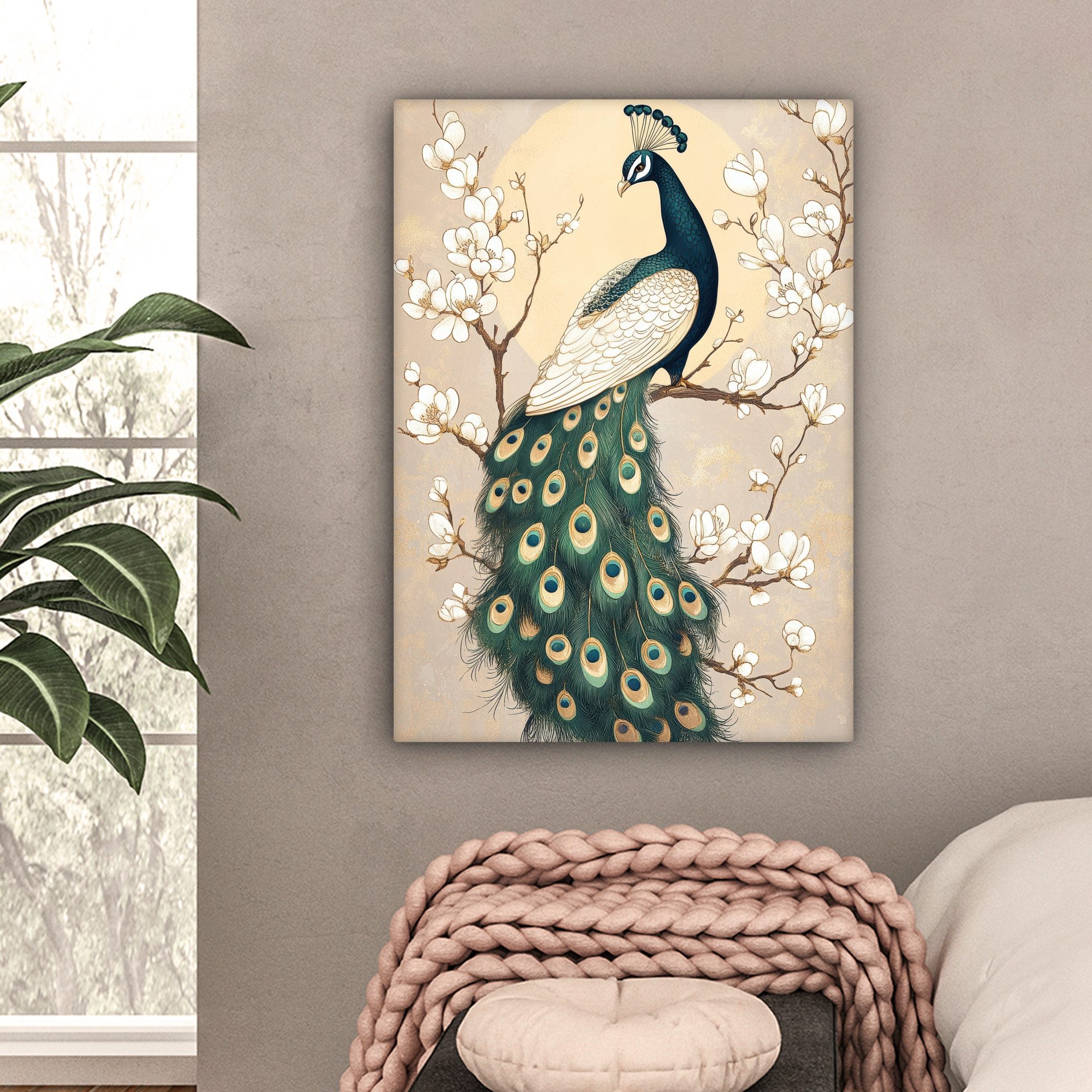 OneMillionCanvasses® Leinwandbild Pfau - Zweig - Blumen, Fotodruck (1 St), Leinwand Bilder für Wohnzimmer Schlafzimmer 50x70 cm