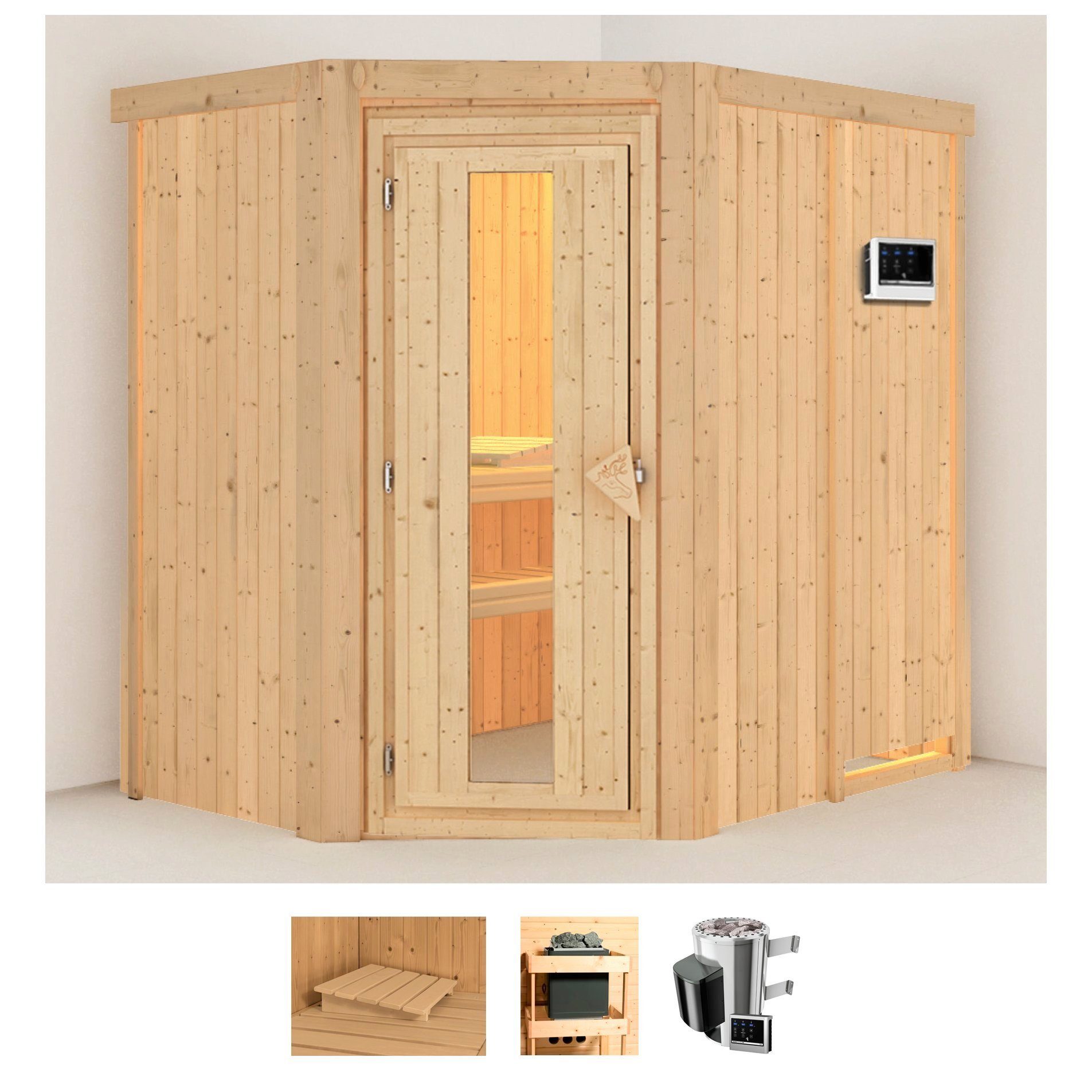 Karibu Sauna Swantje, BxTxH: 151 x 196 x 198 cm, 68 mm, (Set) Ofen 3,6 kW externe Strg.easy