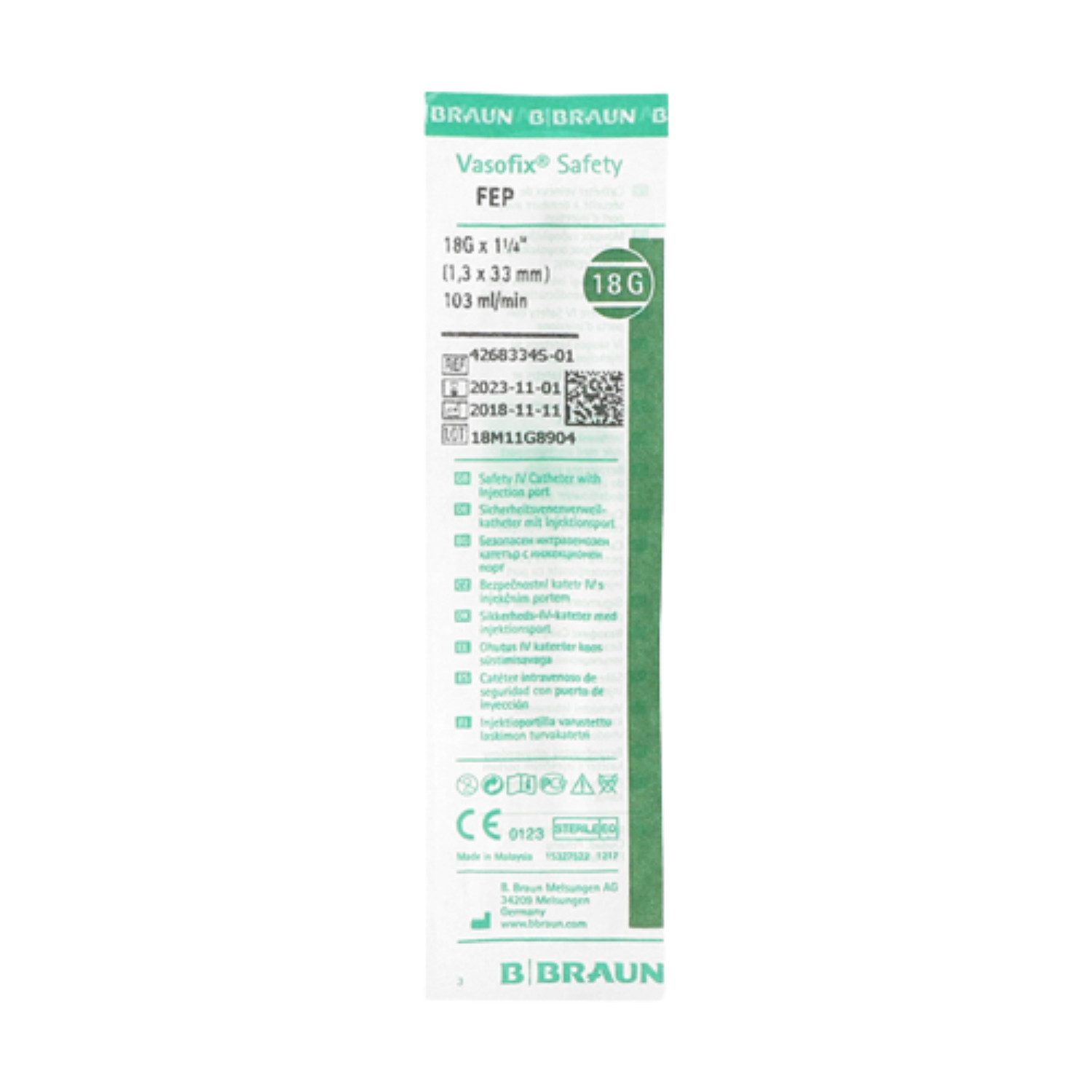 B. Braun Absaugspritze Vasofix® Safety FEP einzelne Kanüle - G18 1,3x33mm