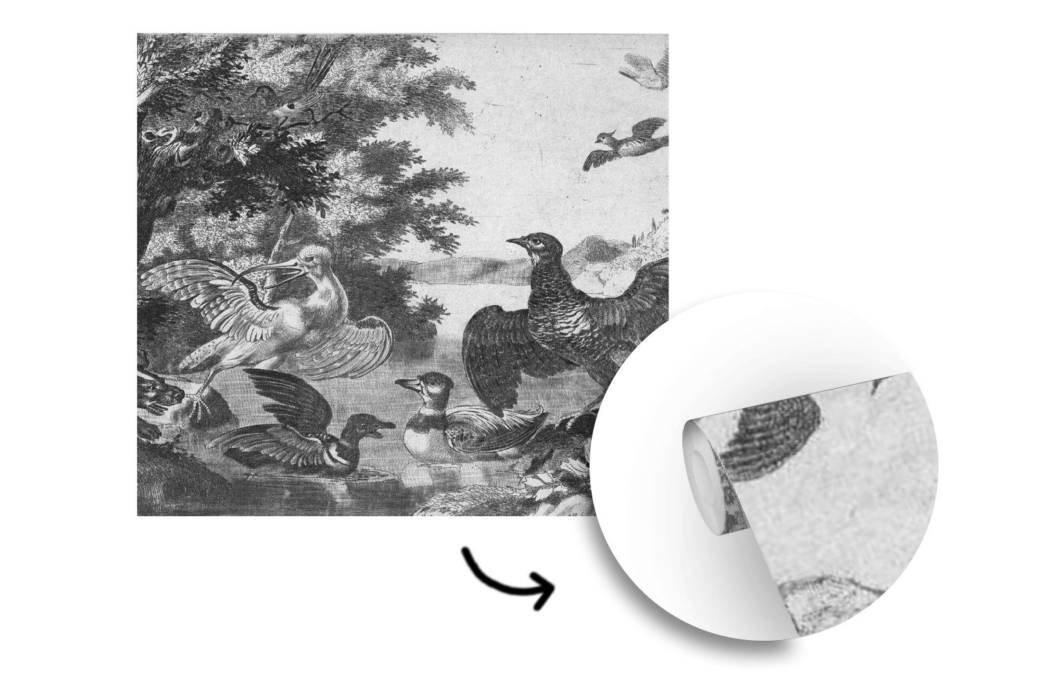 MuchoWow Fototapete Wasservögel und bedruckt, Melchior Matt, oder (5 für Wandtapete d'Hondecoeter, St), ein Tapete Hund - Wohnzimmer Schlafzimmer, Vinyl