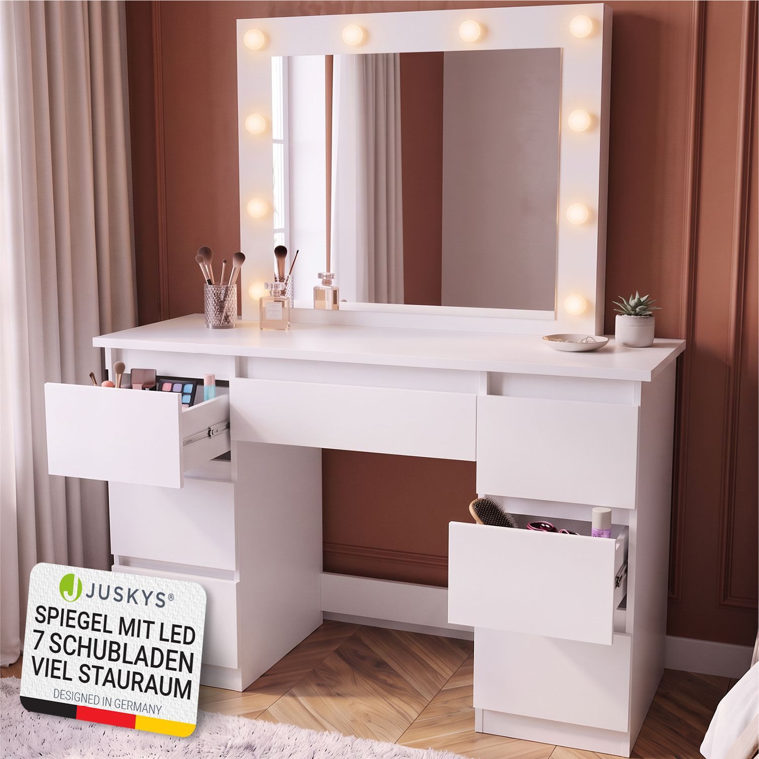 Juskys Schminktisch Talea in Weiß mit dimmbarem 80 x 65 cm LED-Spiegel & 7 Schubladen (3-St), Frisiertisch mit 10 LEDs in 3 Lichtfarben, …