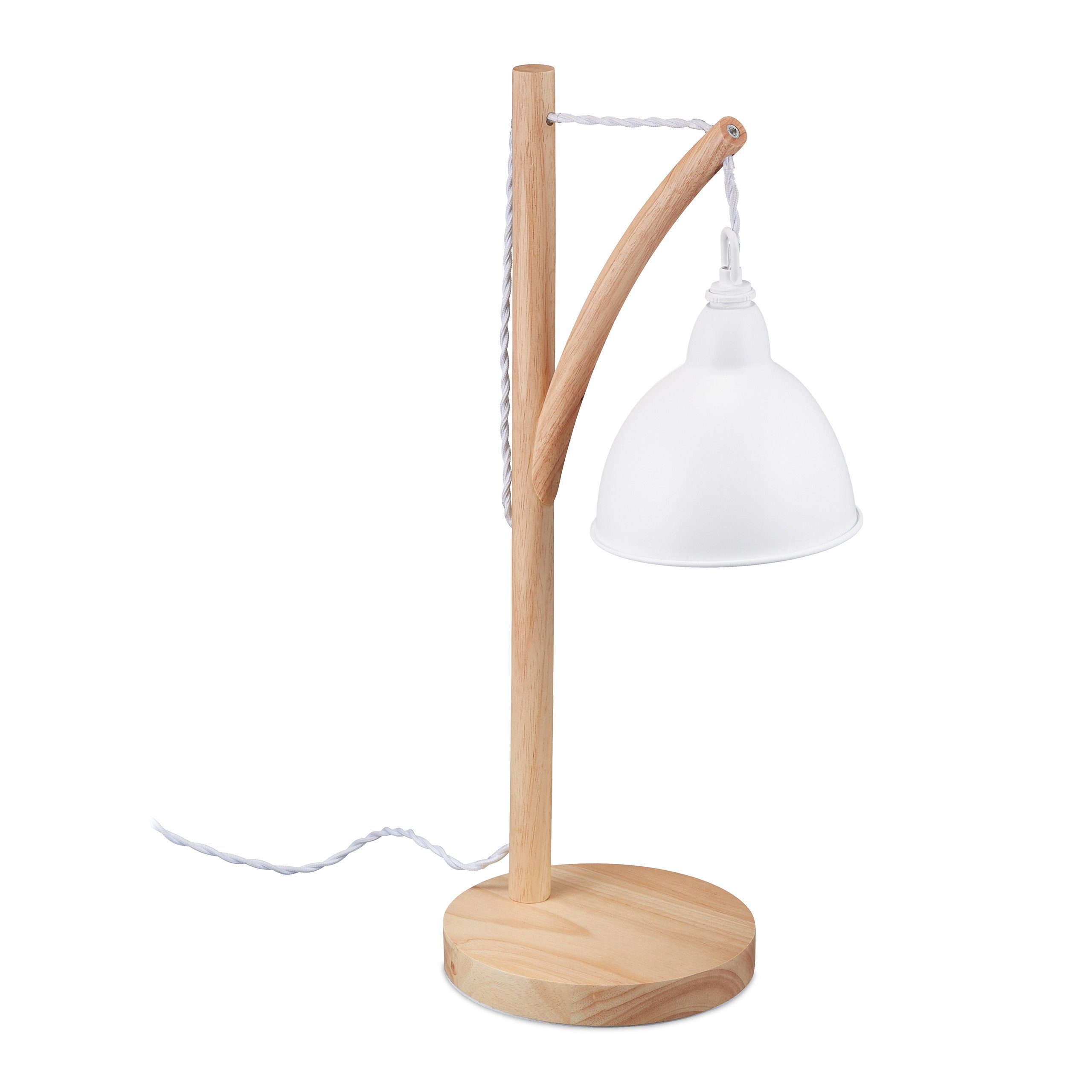 relaxdays Tischleuchte Tischlampe mit hängendem Lampenschirm, Weiß Hellbraun Weiß