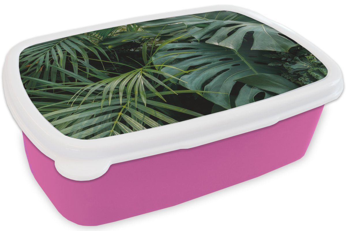 Brotdose Kunststoff, Blätter Pflanzen Tropisch, (2-tlg), Lunchbox Dschungel Mädchen, - Erwachsene, Snackbox, Kunststoff MuchoWow Brotbox - für - Kinder, rosa