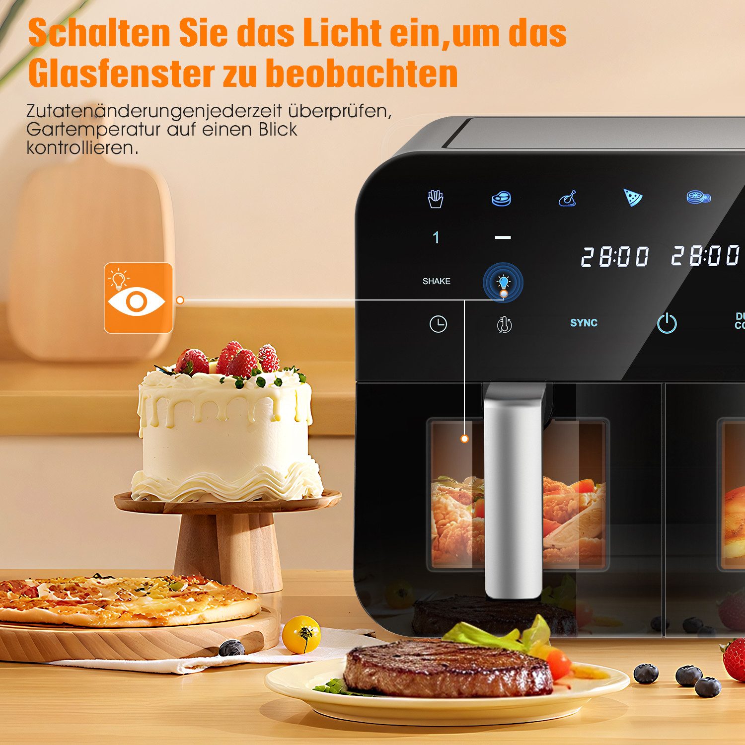 oyajia Heißluftfritteuse 9L Heißluftfritteuse RA930DSV XXL, 2 separat gesteuerte Garkammern, 2800,00 W, Touch Display, Sichtfenster, 8 Automatikprogramme/je 4,5 – Bild 2 von 5