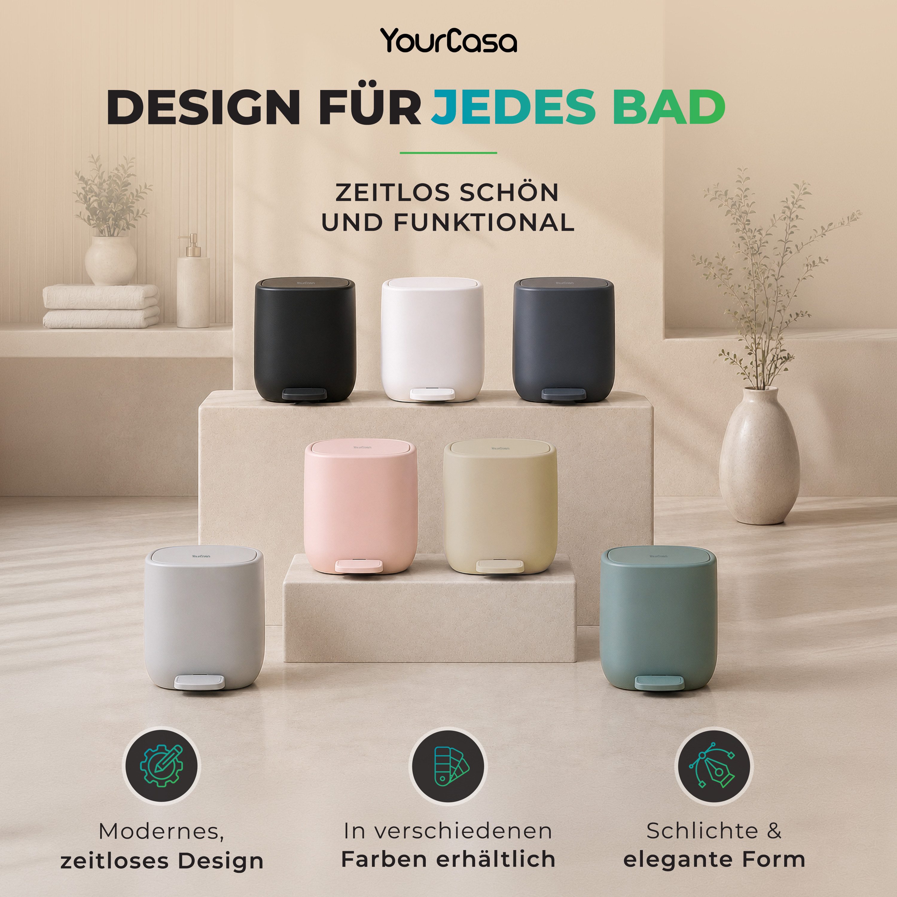 YourCasa Mülleimer YourCasa Mülleimer Bad [5L] Elegantes Design Badezimmer Kosmetikeimer, ABS Kunsstoff