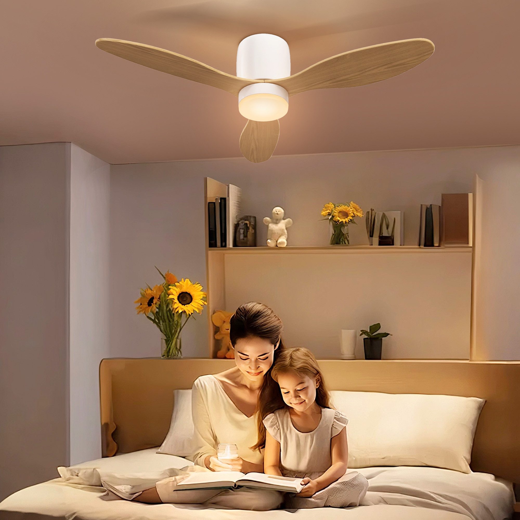 HOMCOM Deckenventilator mit Beleuchtung, Fernbedienung, Umkehrbarer DC Motor, 115 cm Durchmesser, für Schlafzimmer, Wohnzimmer, Naturholz