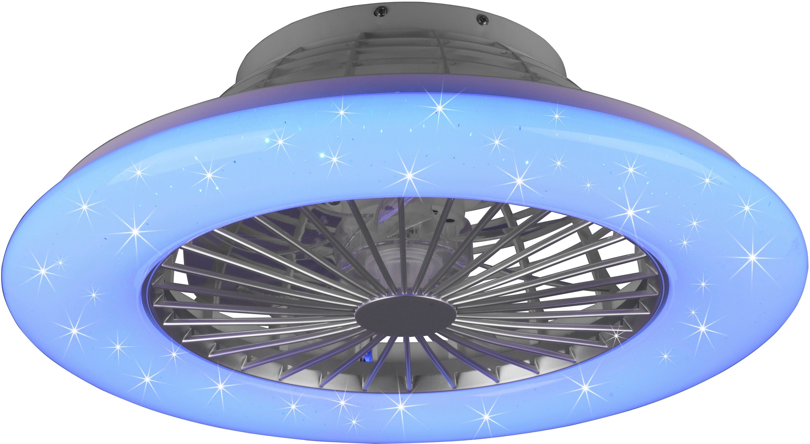 TRIO Leuchten Stufen, Stralsund, Lichtfarbe LED LED Memoryfunktion, kaltweiß, warmweiß fest integriert, Ventilatorfunktion, 3 Fernbed., RGBW - Farbwechsel, mit Deckenventilator einstellbar, Deckenleuchte Nachtlichtfunktion