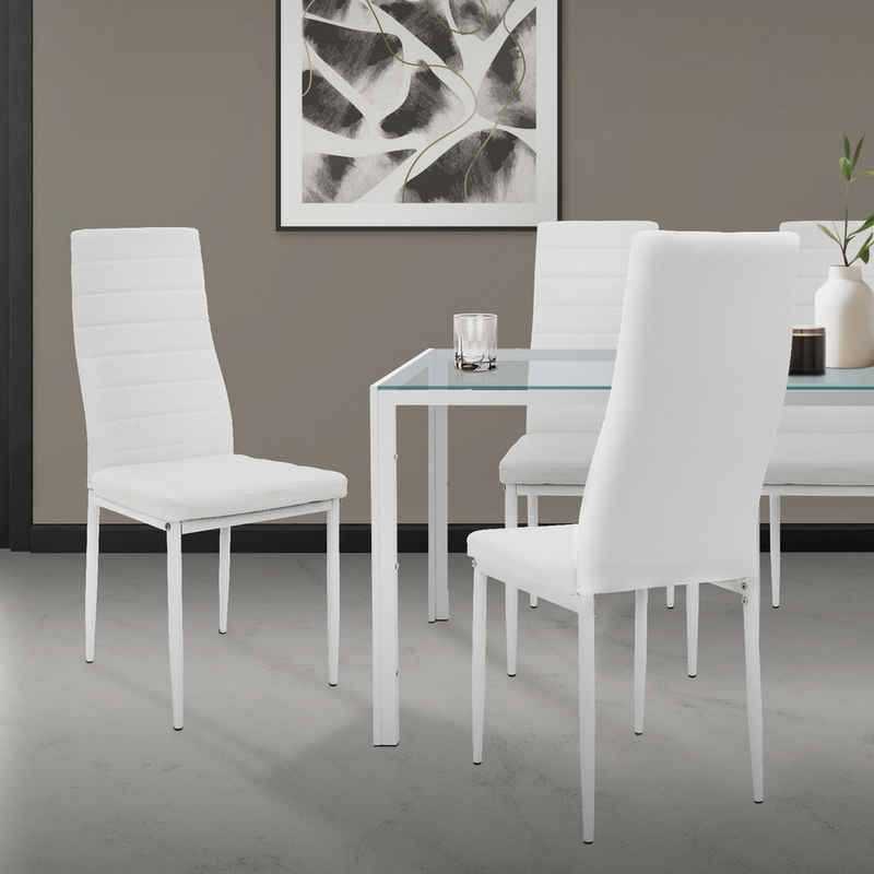 ML-DESIGN Essgruppe Esszimmergruppe Esszimmerstühle Esszimmergarnitur, 5-tlg für 4 Personen Weiß Modern mit 4 Stühlen Tisch mit Glasplatte