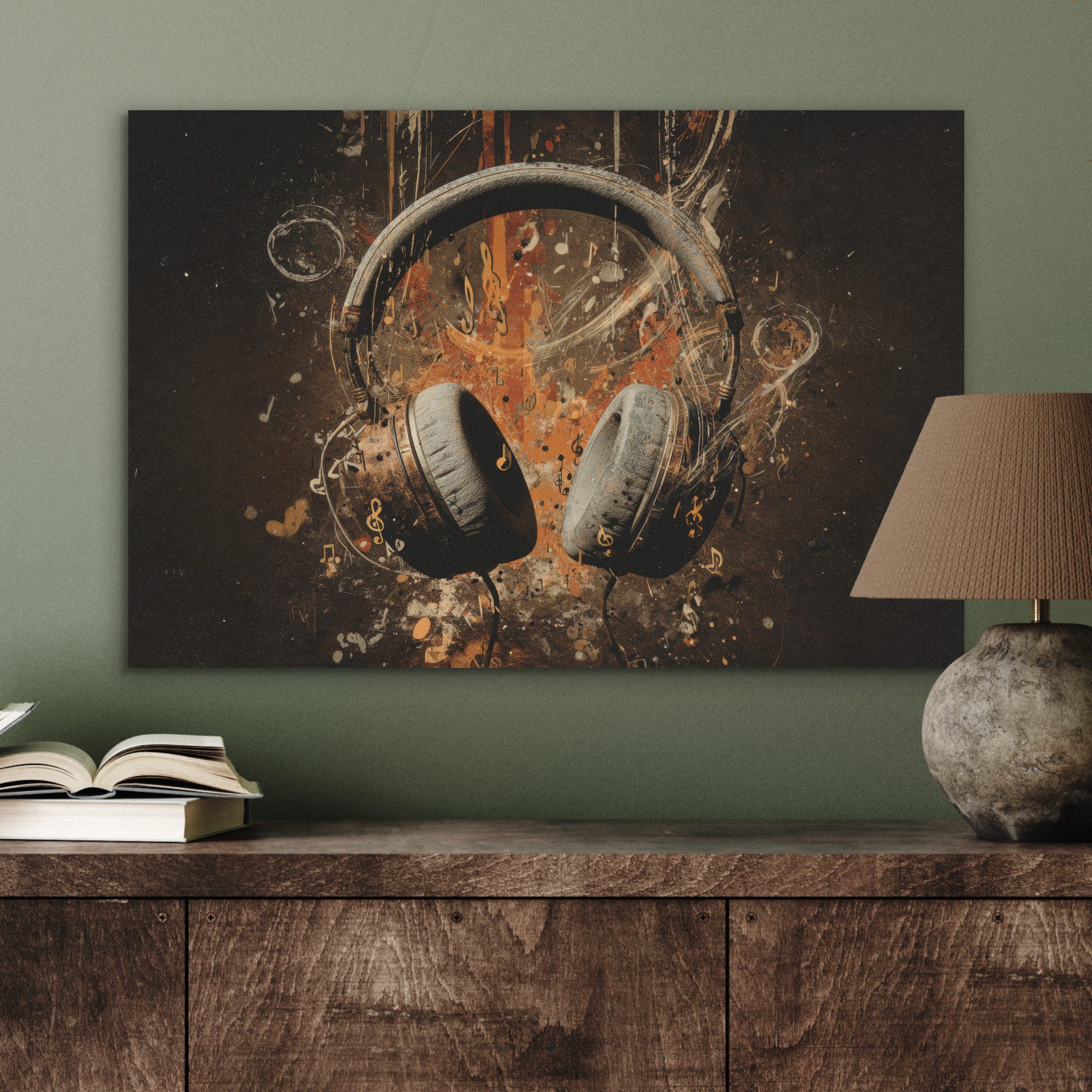 MuchoWow Gemälde Kopfhörer - Braun - Dynamische Pinselstriche, Fotodruck (1 St), Akustikbilder Schallabsorber, Wandpaneele, Akustikpaneele 70x50 cm