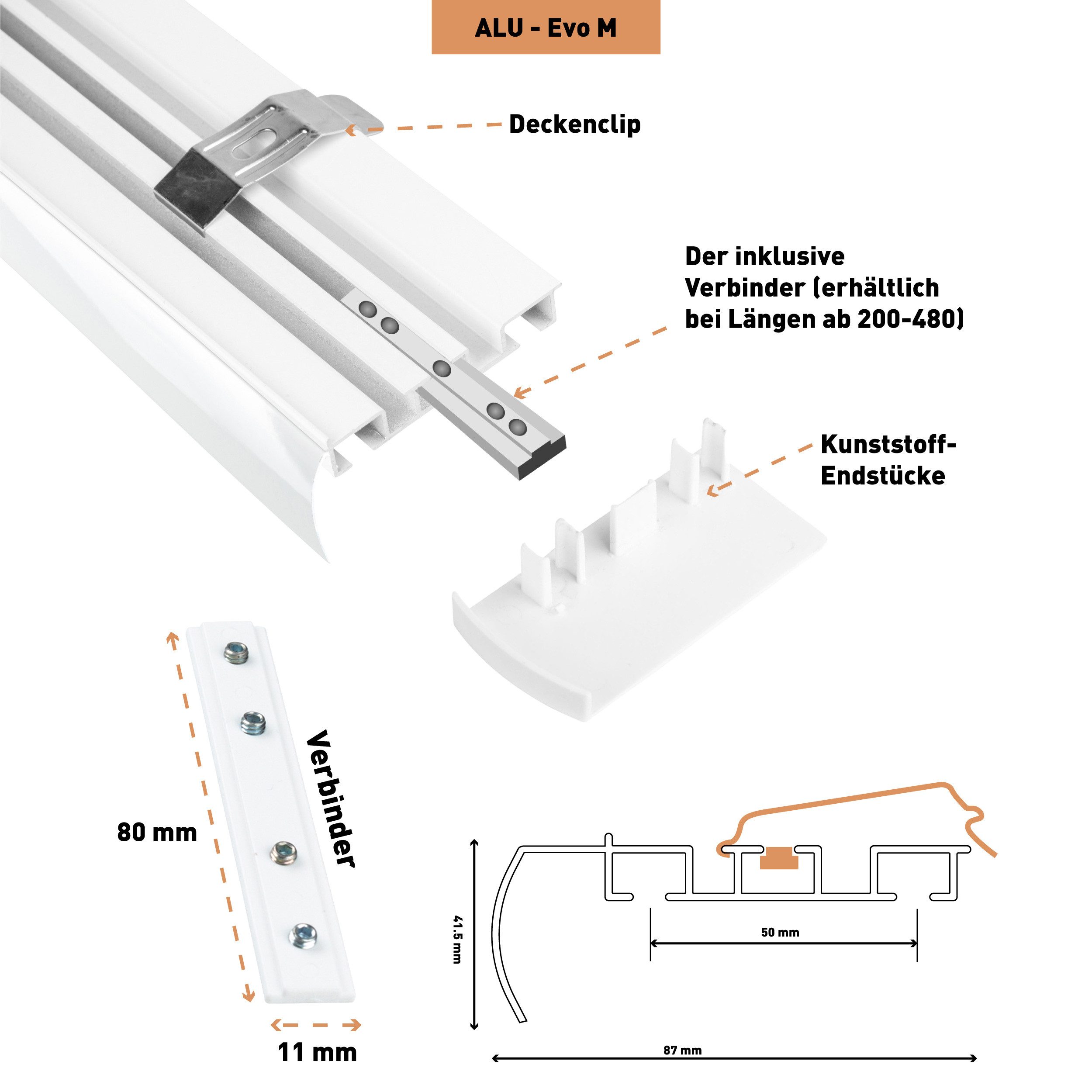 SN DECO GROUP Gardinenschiene Objektschiene EVO-M 2-läufig mit integrierter Blende, 2-läufig, Fixmaß, mit Bohren, verschraubt, Aluminium