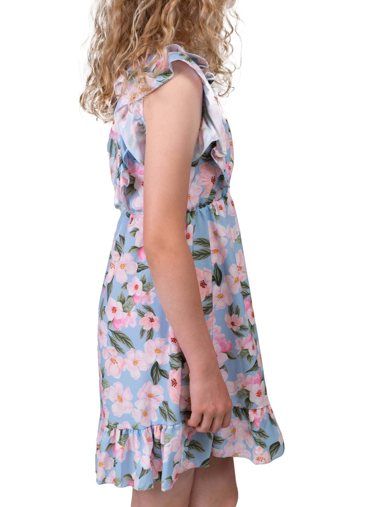 zu 30384 Mädchen KMISSO Volants tragen bequem (1-tlg) Sommerkleid Hellblau Blumenmotiv Kleid mit