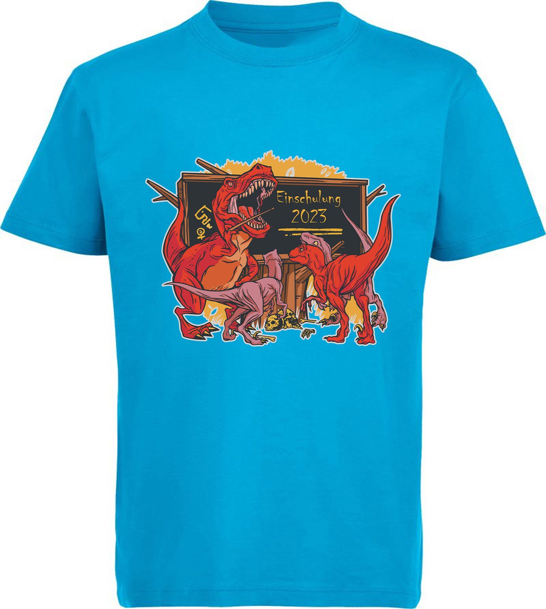 MyDesign24 Print-Shirt bedrucktes Kinder T-Shirt brüllender T-Rex als Lehrer Baumwollshirt Einschulung 2023, schwarz, weiß, rot, blau, i38 aqua blau