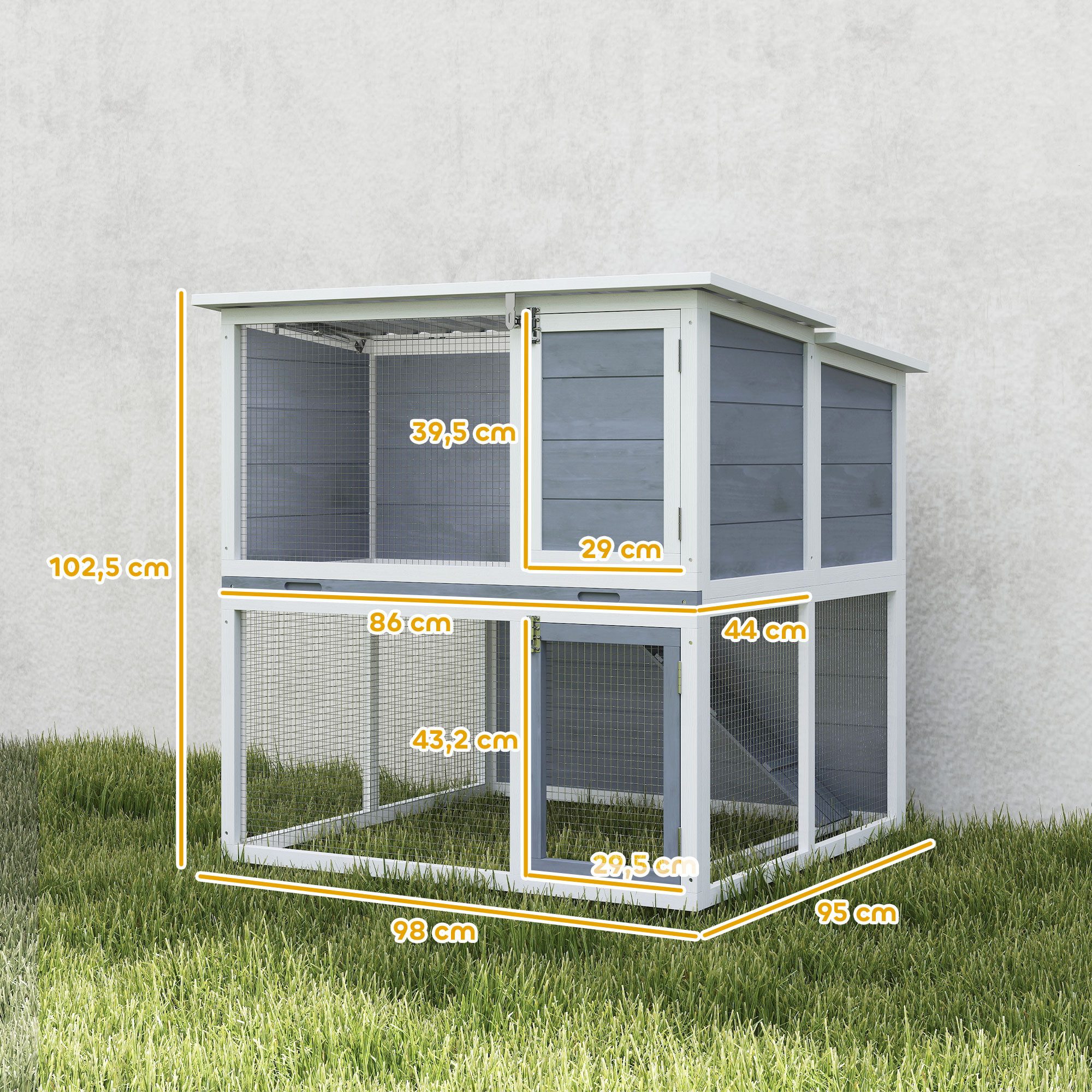 PawHut Kleintierstall Hasenstall aus Holz mit wetterfest aufklappbar Dach Freilaufgehege, für Kaninchen, Hühner Outdoor 98x95x102,5 cm Grau