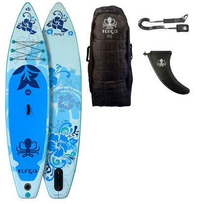 Runga-Boards Inflatable SUP-Board Runga Puaawai AIR 10.6 BLUE Stand Up Paddling SUP iSUP, (Set 1, mit gepolsterten Trolley-Rucksack, Center-Finne und Coiled-Leash)