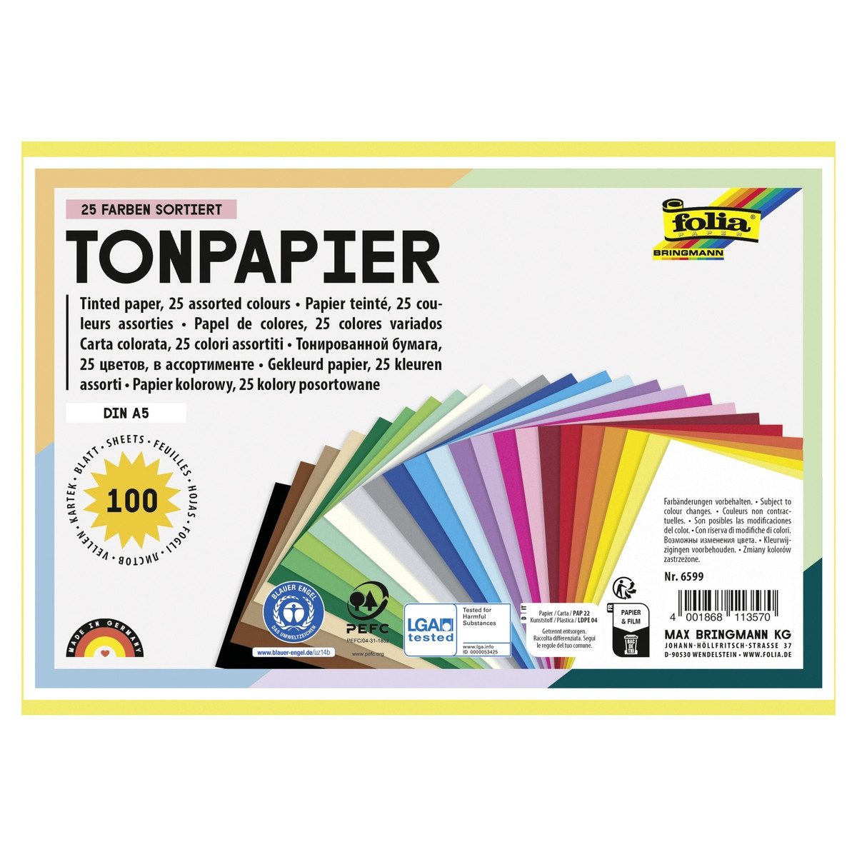 Folia Max Bringmann KG Bastelkartonpapier folia Tonpapier 25 Farben DIN A5 100 Blatt