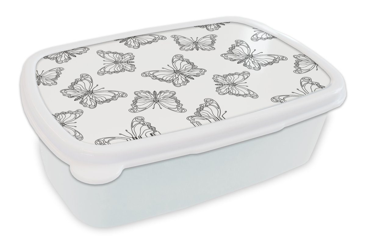 MuchoWow Lunchbox Schmetterlinge - Muster - Schwarz und Weiß, Kunststoff, (2-tlg), Brotbox für Kinder und Erwachsene, Brotdose, für Jungs und Mädchen