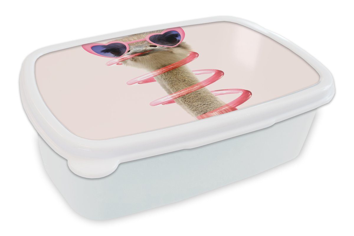 MuchoWow Lunchbox Strauß - Sonnenbrille - Rosa - Tiere, Kunststoff, (2-tlg), Brotbox für Kinder und Erwachsene, Brotdose, für Jungs und Mädchen weiß