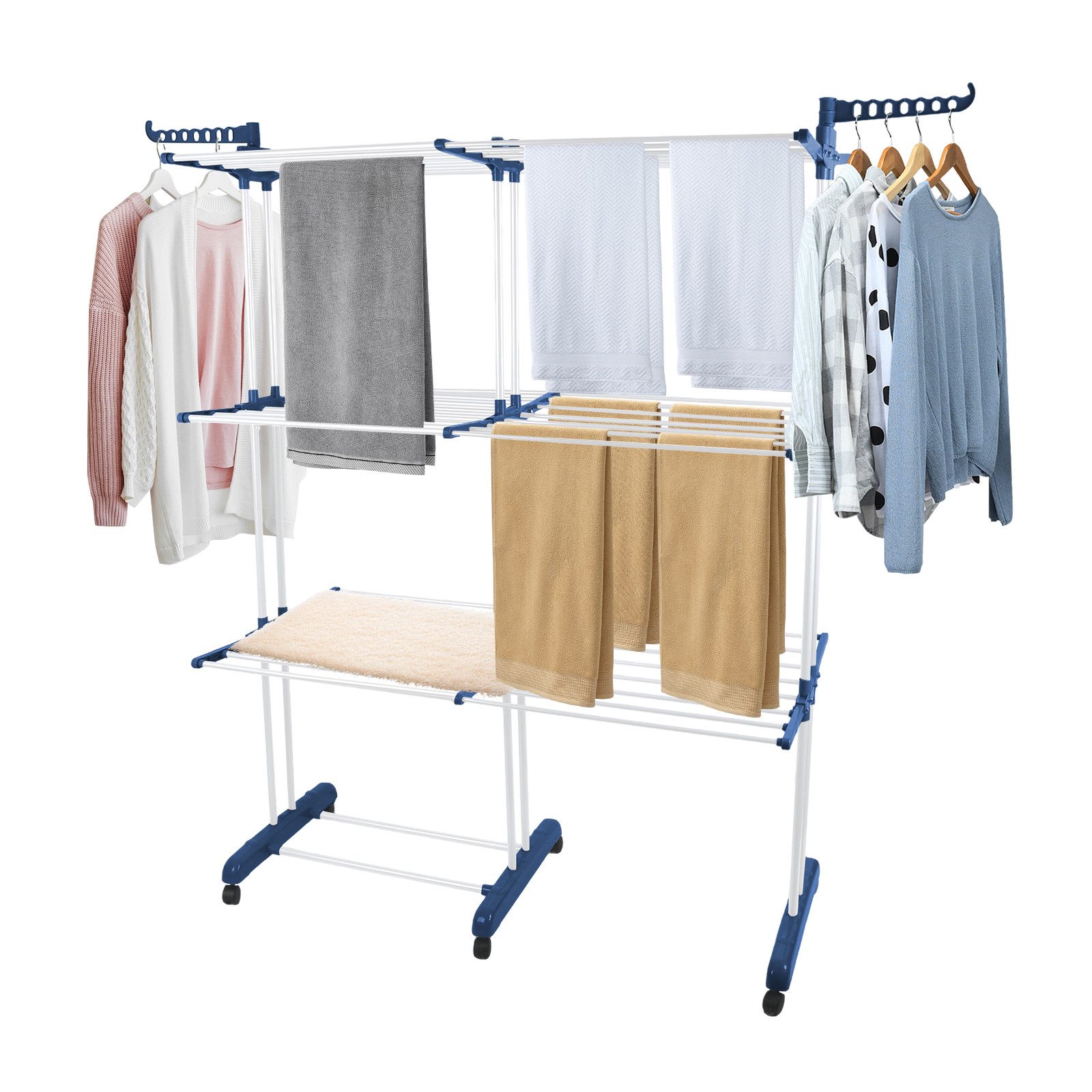 JEOBEST Wäscheständer Turm-Wäscheständer Ausziehbar Länge 75-132 cm, mit Rollen, 4 Etagen, Klappbare Flügelwäscheständer Clothes