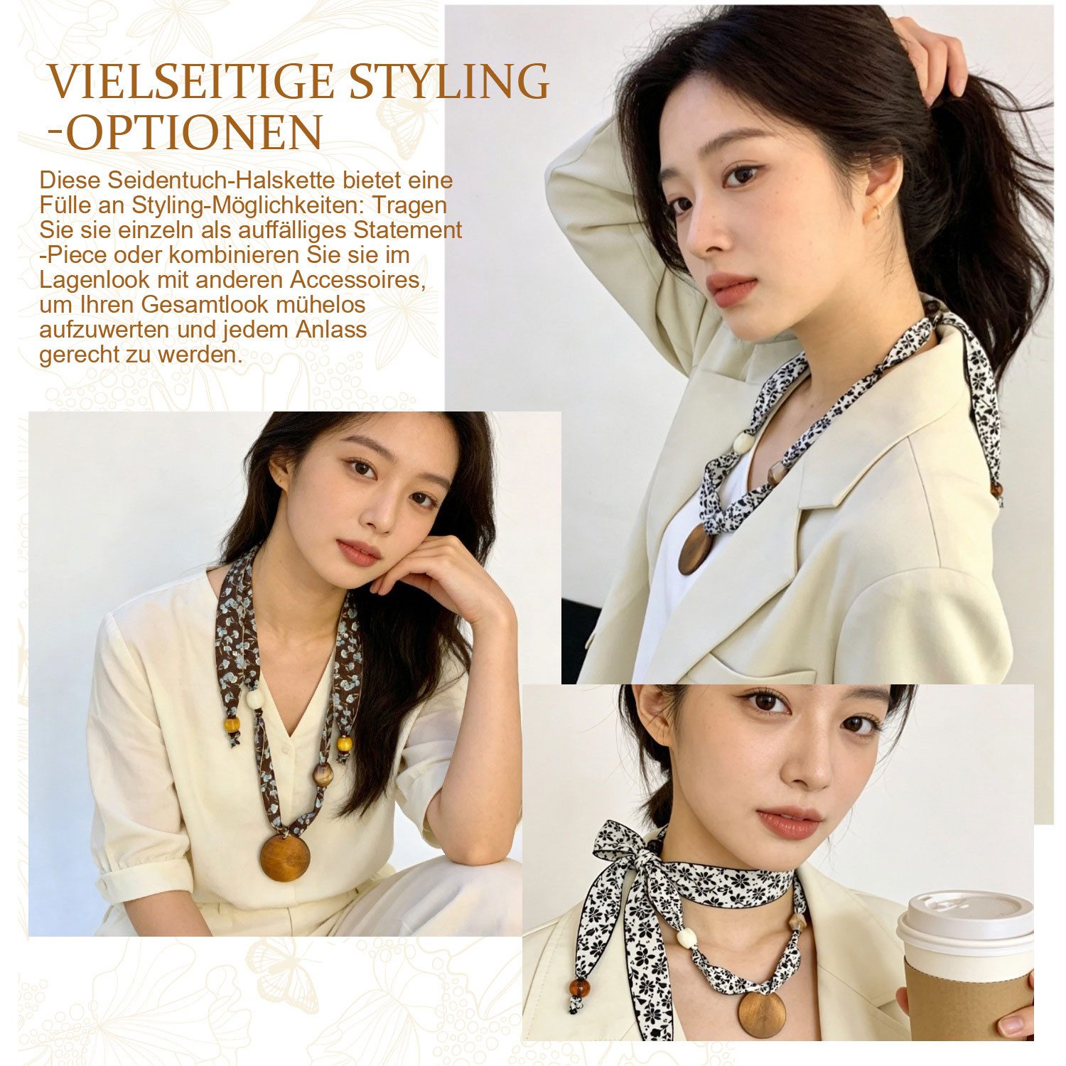 Refttenw Halstuch Damen-Halskette,Seidenschal-Halskette,Schal,Retro-Blumenmuster