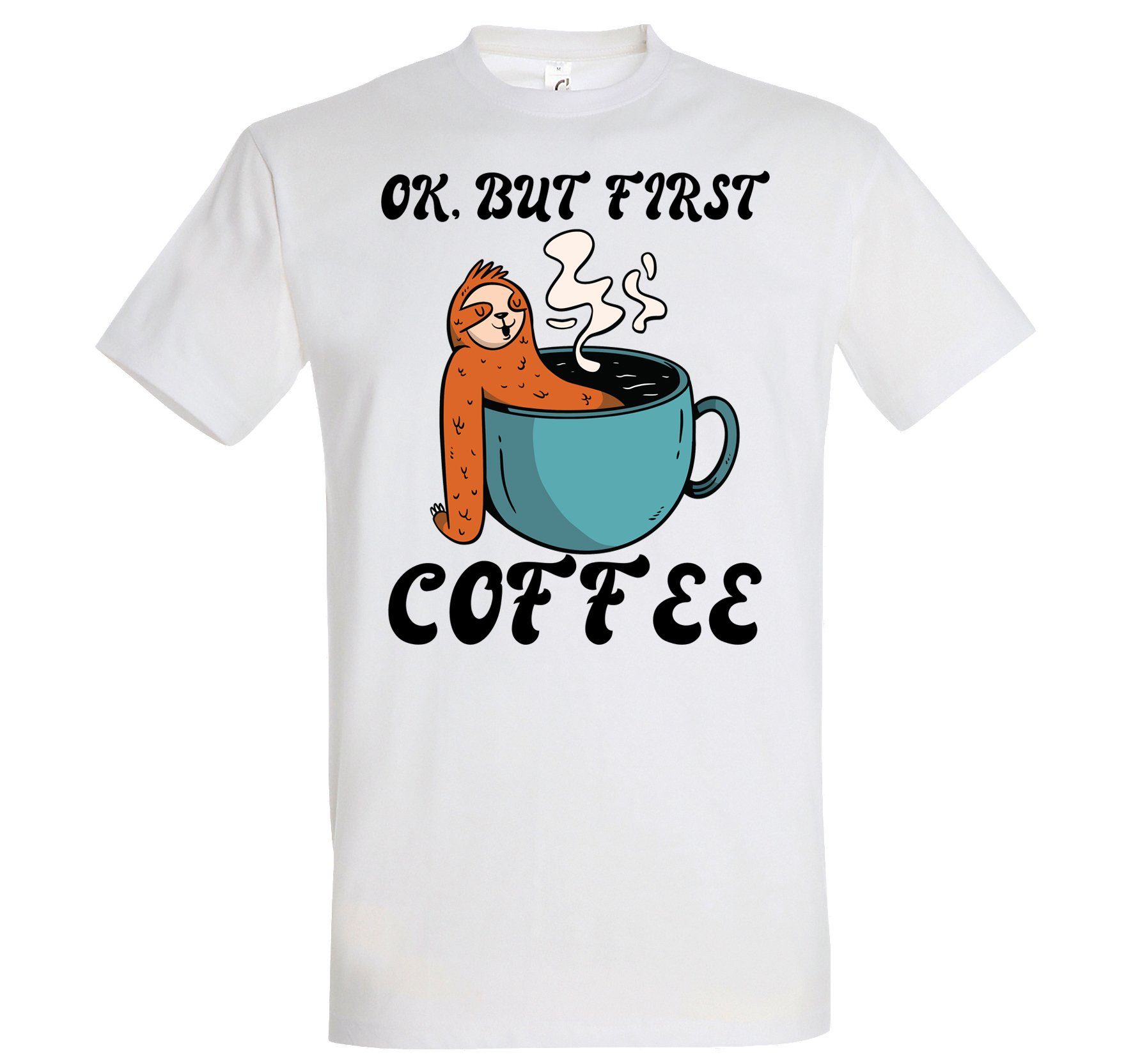 Herren But T-Shirt Coffee mit Frontdruck Youth Trendigem Designz Faultier, Shirt First Weiss