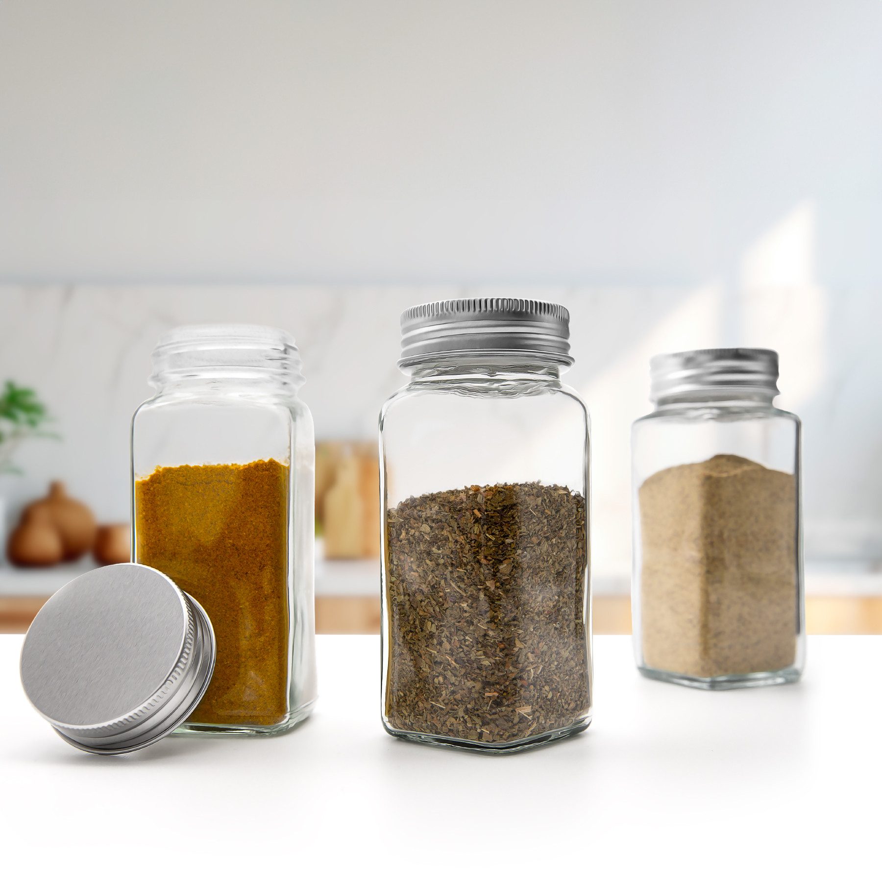BigDean Gewürzbehälter 12er Set Gewürzgläser eckig luftdichte Gewürzdosen, Glas, (Set, 12-tlg., Gewürzgläser), Kräuterglas, Gewürzglas, Lebensmittelecht, BPA-Fr – Bild 4 von 5