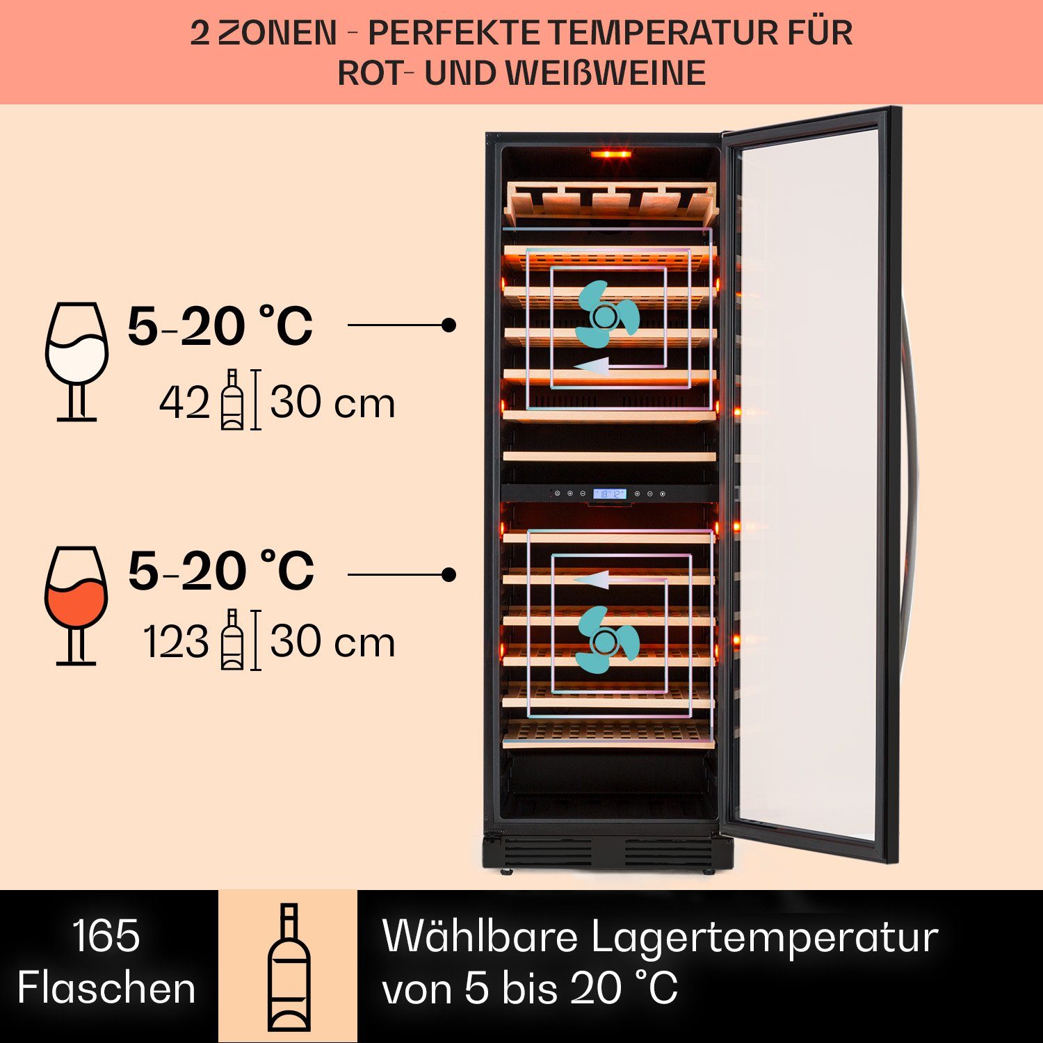 Klarstein Weinkühlschrank Kühlschrank Wein 165 Weintemperierschrank á Zonen 0,75l,2 für Vinovilla Grande Flaschenkühlschrank 162, Standardflaschen