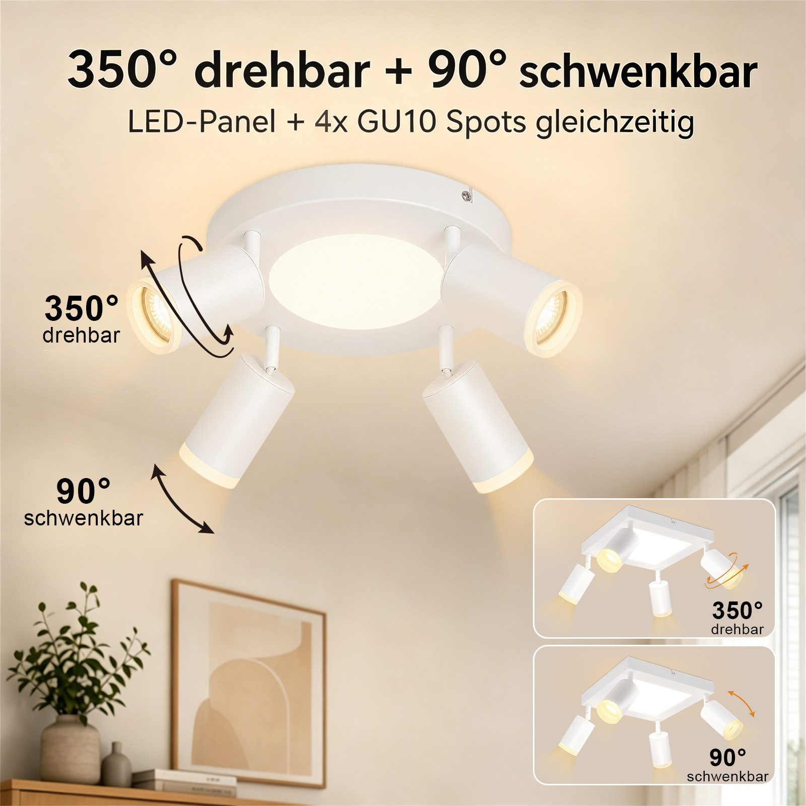 Nettlife Deckenstrahler Schwarz Schlafzimmer GU10 2/3/4 Flammig 20W 3000k Küchenlampe, Schwenkbar 350°, LED wechselbar, Metall Schwenkbar Flurlampe für Schlafzi – Bild 5 von 5