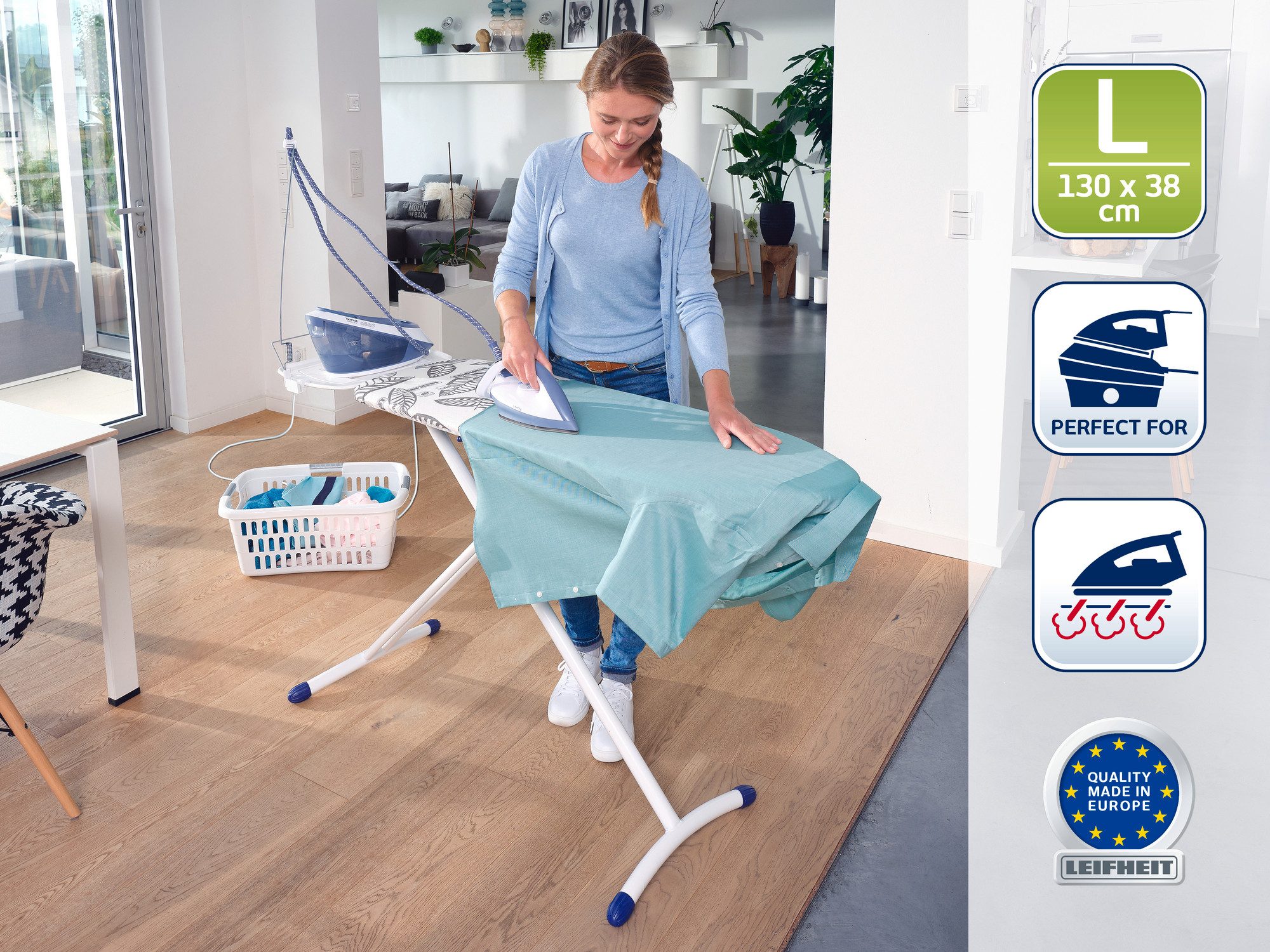 Leifheit Bügelbrett Bügeltisch Air Board Express L Solid, Bügelfläche 38.0x130.0 cm, Für Dampfstationen geeignet, 130x38cm, höhenverstellbar (76-100cm)