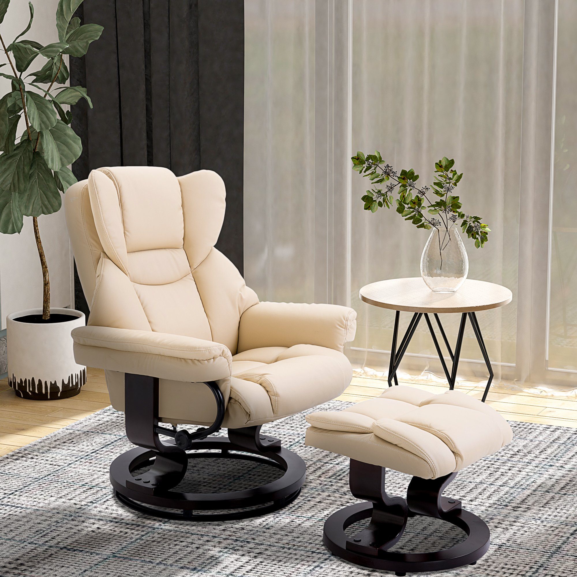 HOMCOM Polsterstuhl Relaxsessel mit Hocker, mit Liegefunktion, Ruhesessel (TV-Sessel, 2 St), bis 160 kg belastbar, Cremeweiß
