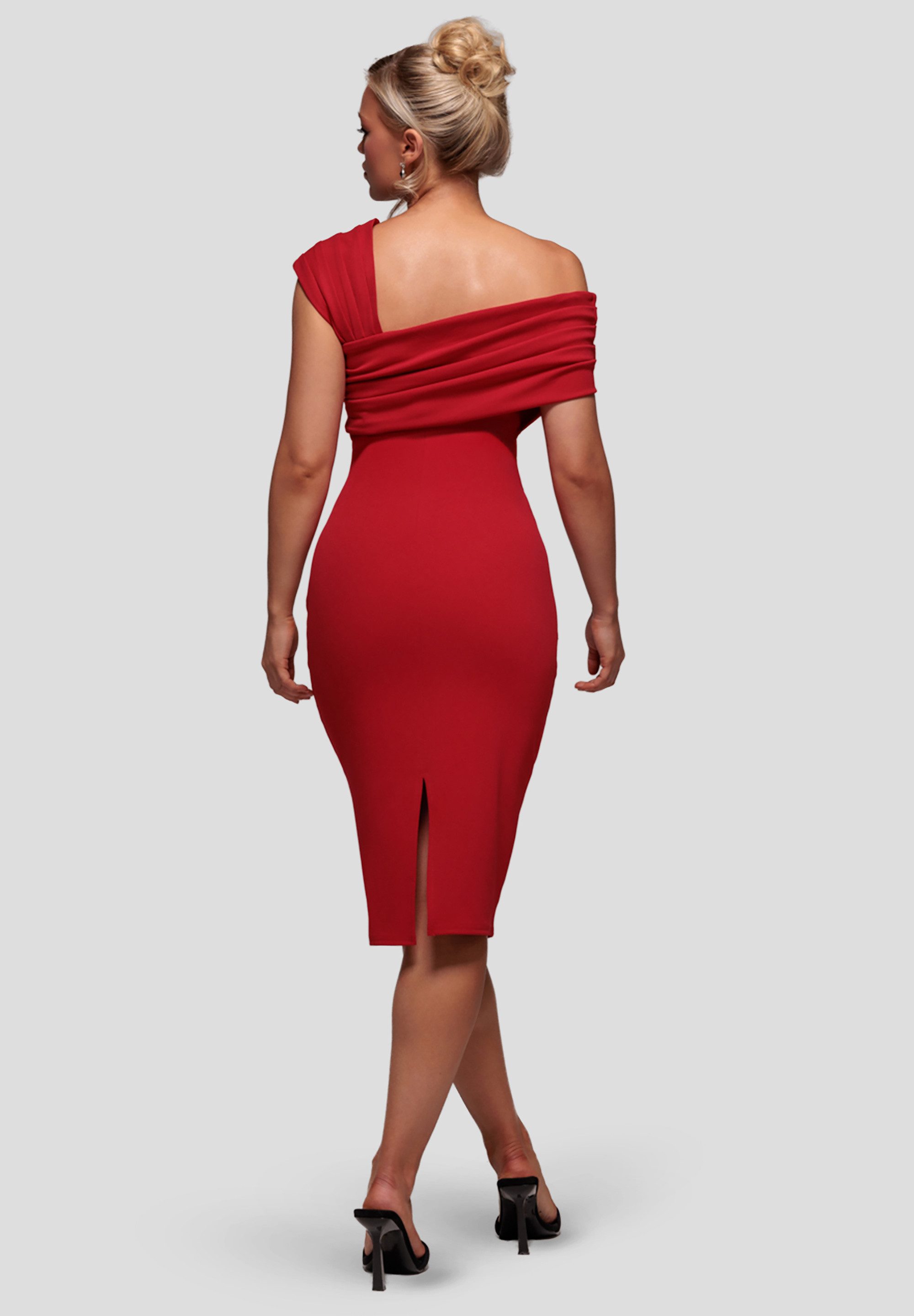 Goddiva Midikleid Scuba Crepe Pleated Drop Shoulder Midi Dress Knielang, Bodycon, Plissee-Details – Bild 3 von 5