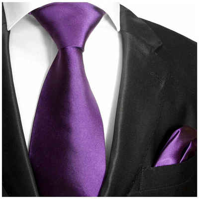 Paul Malone Krawatte Herren Seidenkrawatte Schlips mit Tuch modern uni satin 100% Seide (Set, 2-St., Krawatte mit Einstecktuch) Breit (8cm), lila violett 941