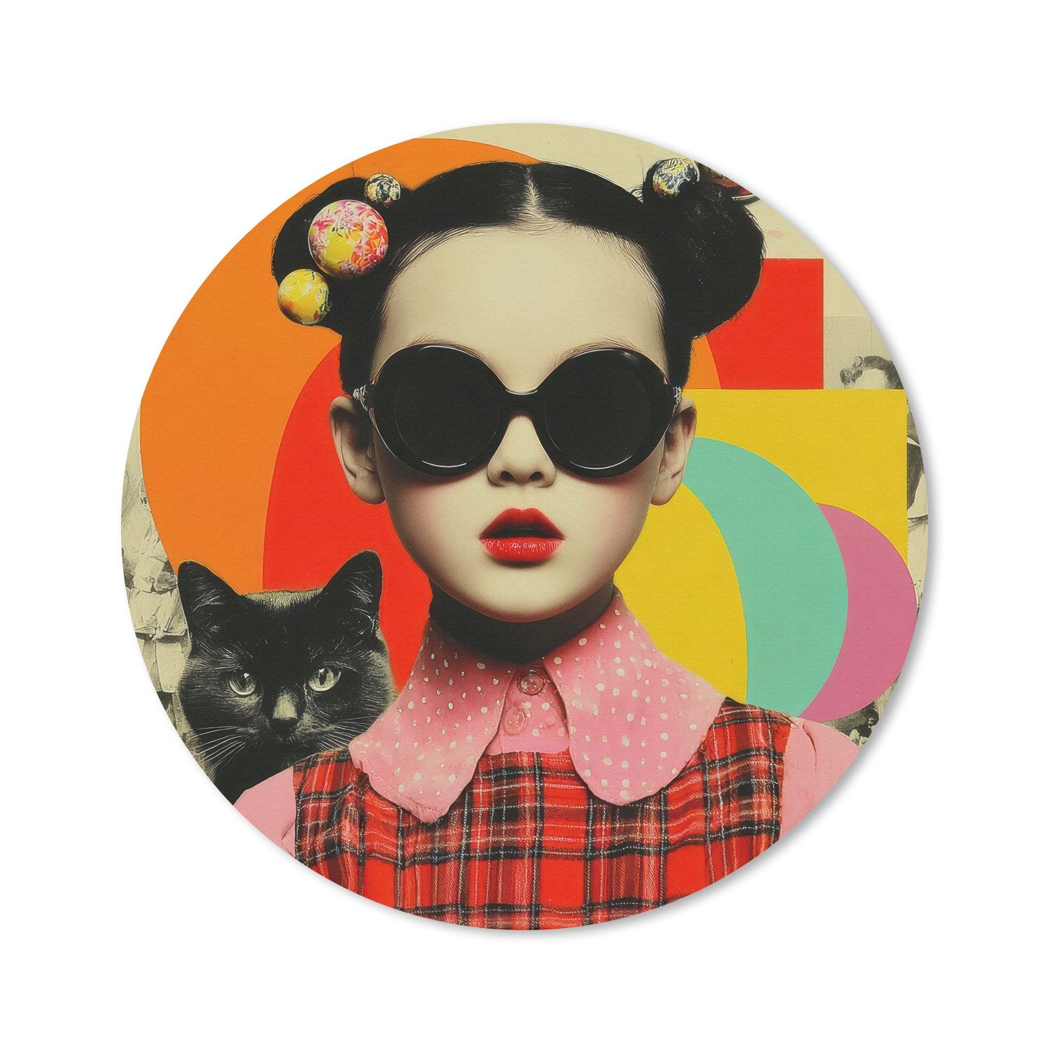 MuchoWow Mauspad Mädchen - Sonnenbrille - Katze - Retro (1-St), Gaming, Rutschfester Unterseite, Mausunterlage, Rund 50x50 cm
