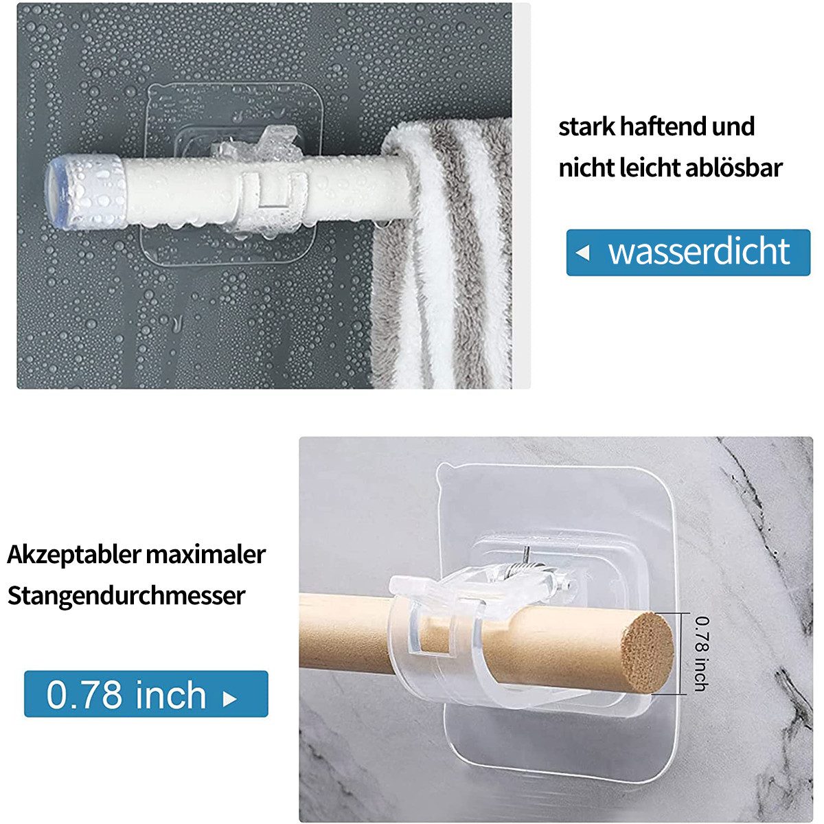 MOPUEA Gardinenstangenhalter Vorhangstange Clip Halter klebrige Haken Transparent Farbe, (Gardinenstangenhalter Set selbstklebend ohne Bohren, 8 transparente se – Bild 3 von 5