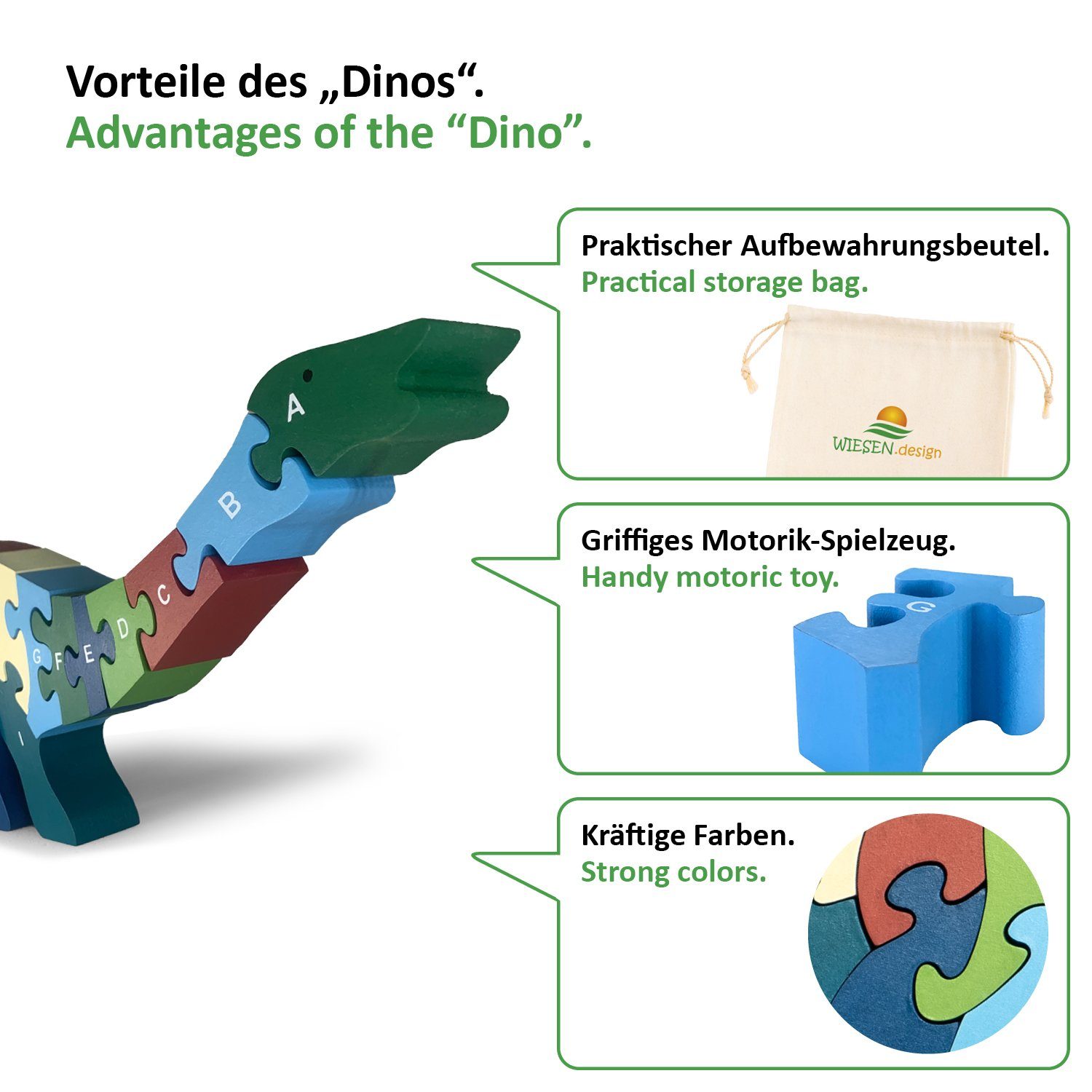 WIESEN.design Lernspielzeug Buchstabenpuzzle Dino, Montessori Spielzeug ab 3 Jahre, Holzpuzzle, DIN EN71 geprüft, Speichel- und schweißfest, gratis Versand