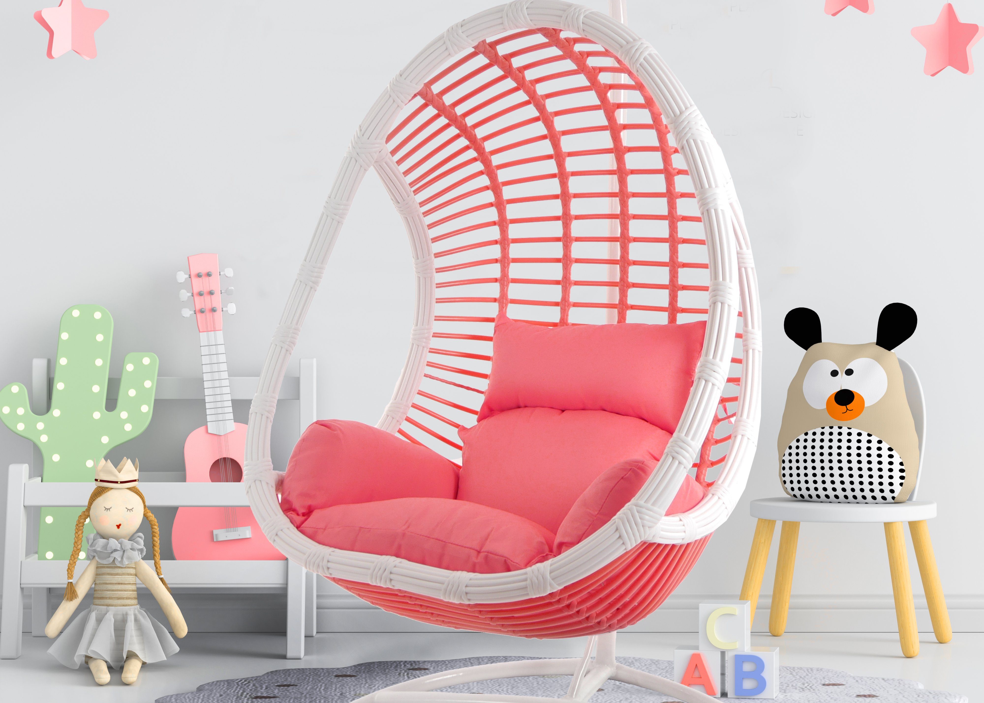 KIDEO Подвесноые стулья Candy, Подвесноые стулья mit Gestell & Kissen, Loungemöbel, Rattanmöbel, Swing Chair, pink weiß