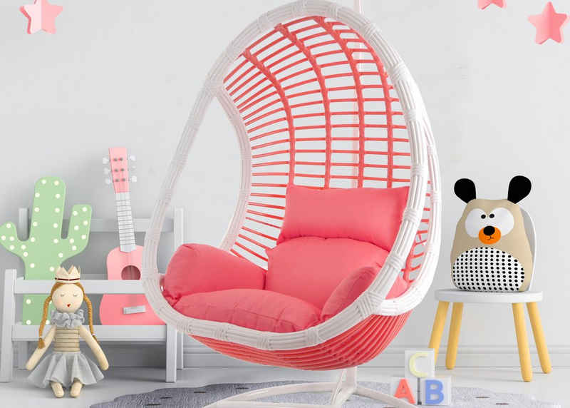 KIDEO Hängesessel Candy, Hängesessel mit Gestell & Kissen, Loungemöbel, Rattanmöbel, Swing Chair, pink weiß