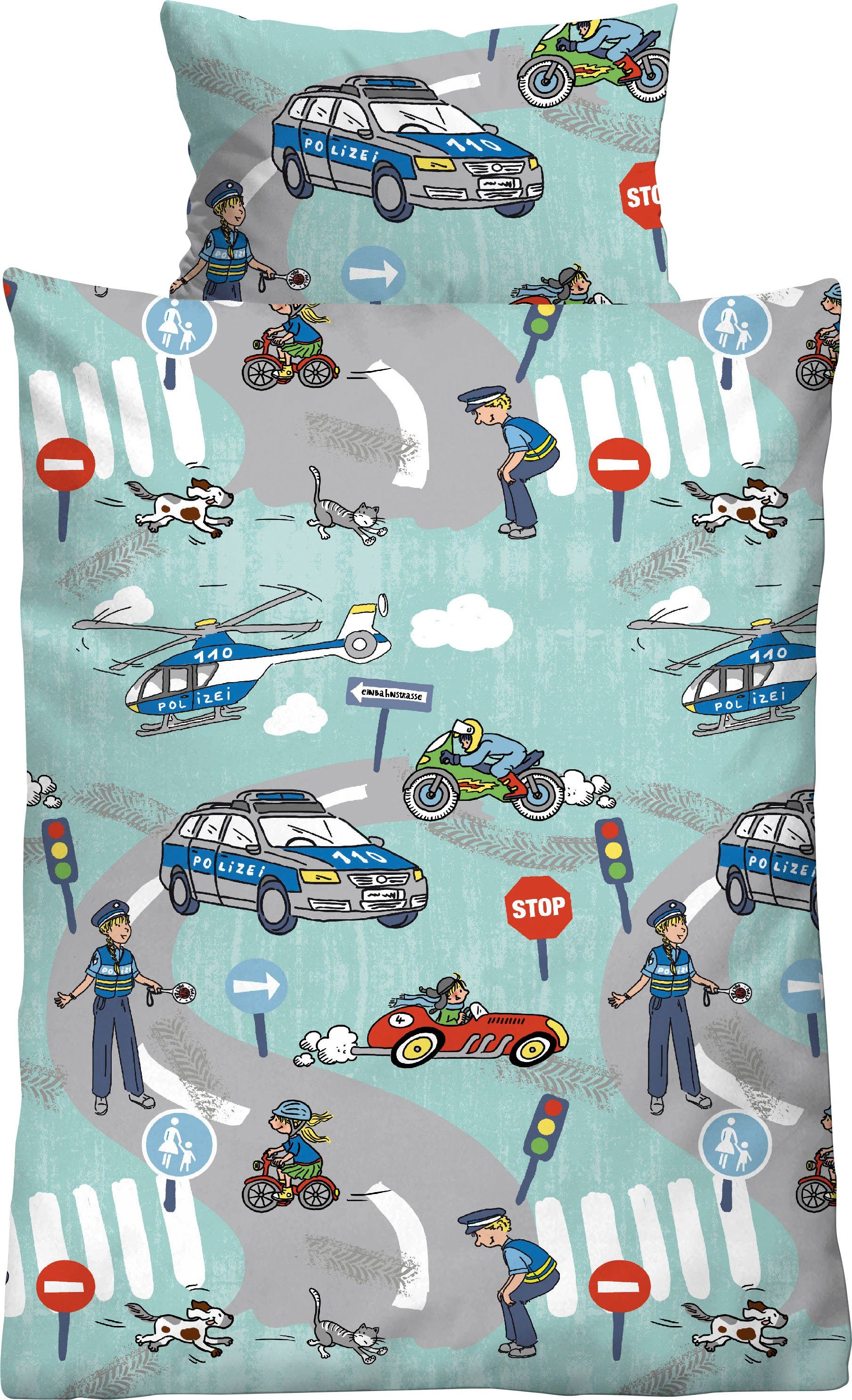 Kinderbettwäsche Ela in Gr. 100x135 oder 135x200 cm, für Kinder, Kinderbettwäsche, Biberna, Feinbiber, 2 teilig, Feinbiber kuschelig warm im Winter, Kinderbettwäsche Polizei, Kinder